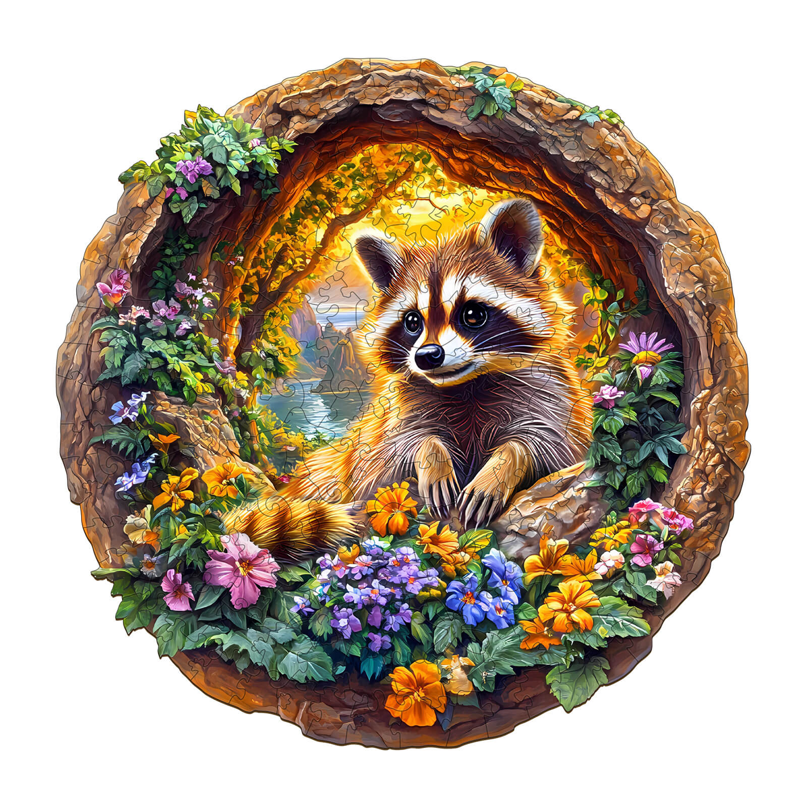 3D raccoon on vacation wooden jigsaw puzzle featuring vibrant flowers and a scenic background for puzzle enthusiasts.