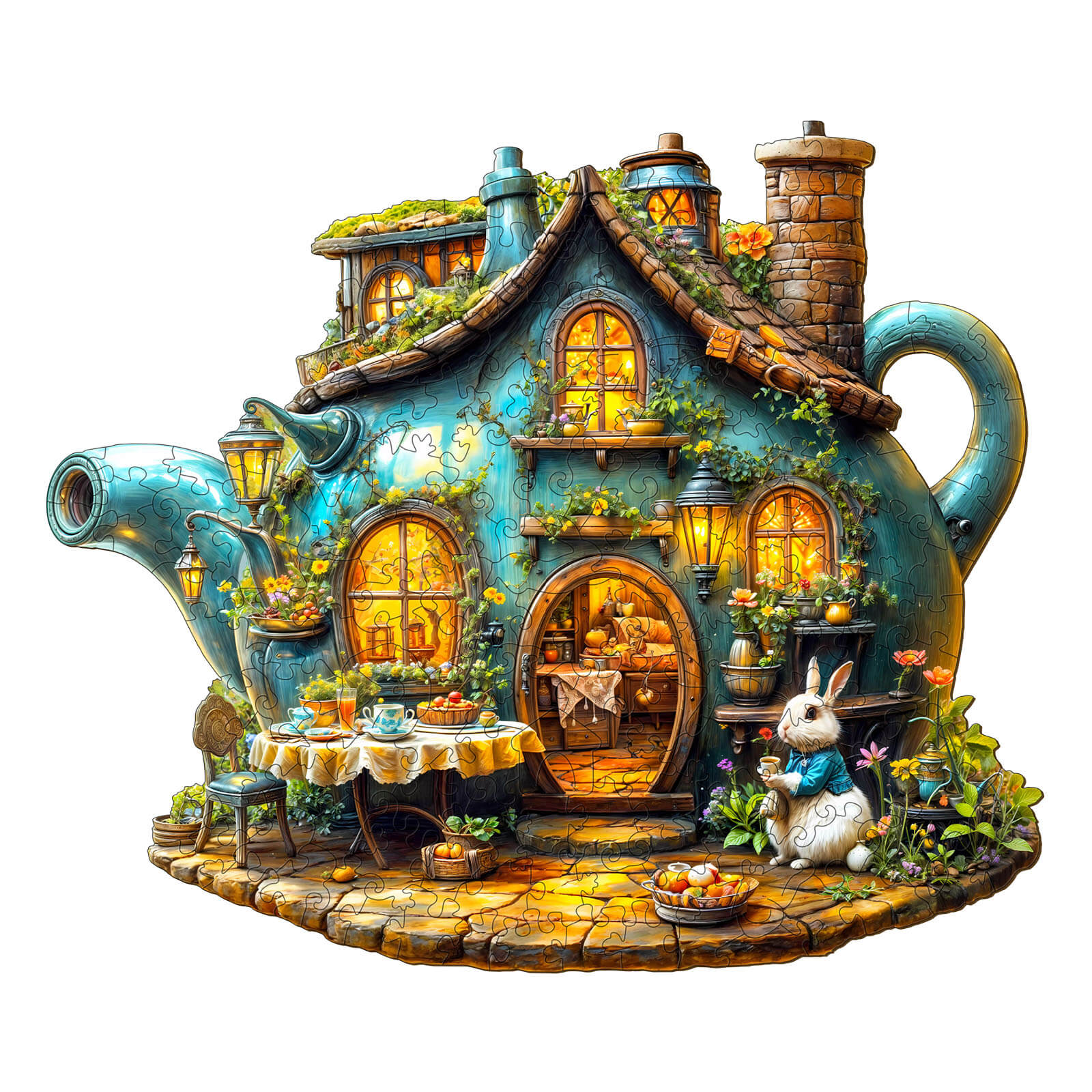 Rabbit's teapot wooden jigsaw puzzle, featuring a charming teapot house with a rabbit and cozy details.