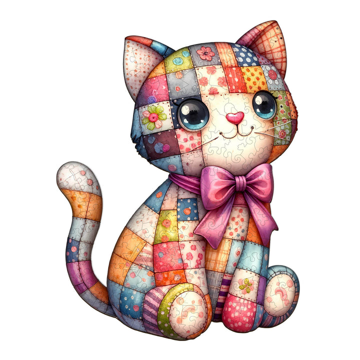 Cute Patchwork Cat Wooden Jigsaw Puzzle