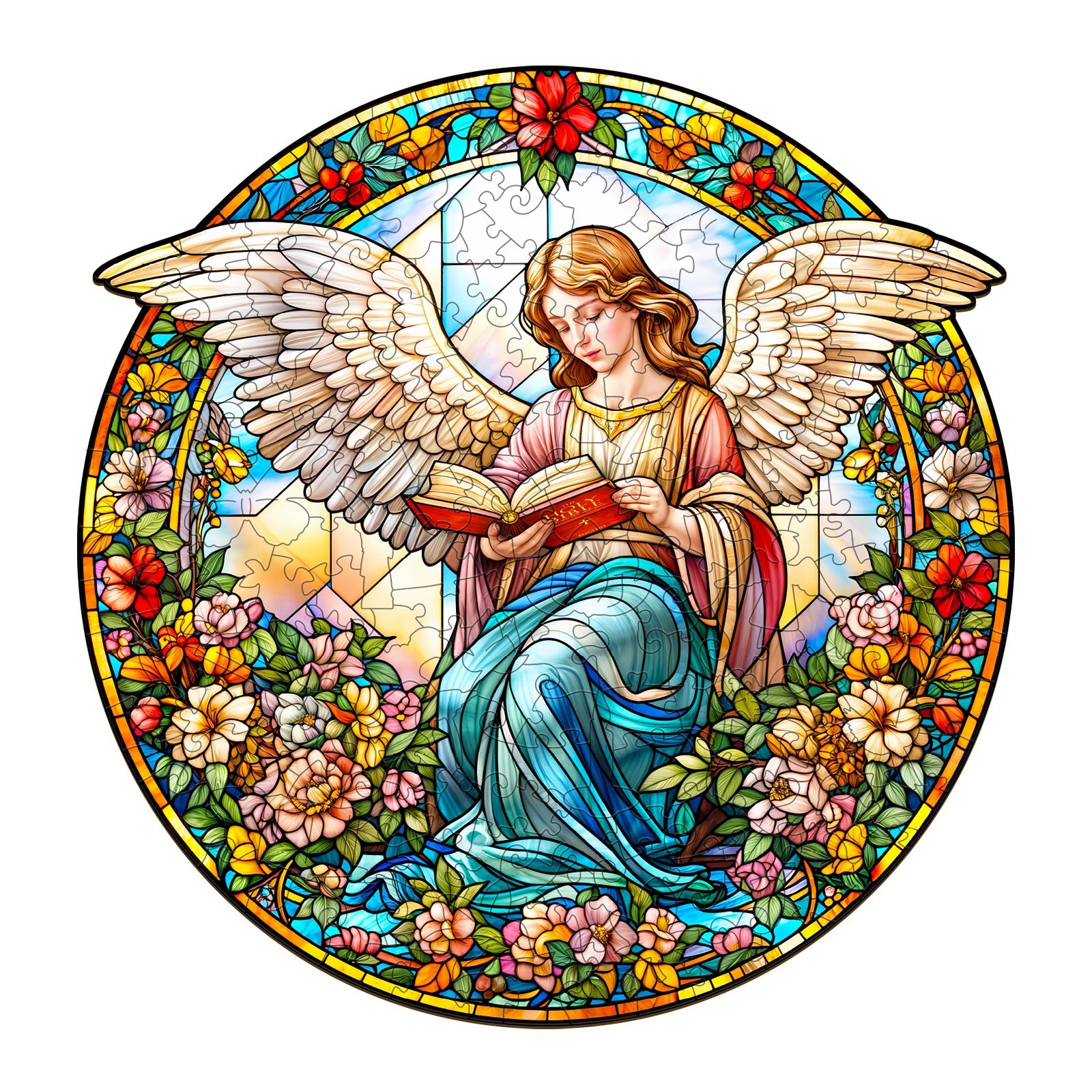 Angelic Garden wooden jigsaw puzzle featuring a serene angel reading among colorful flowers.