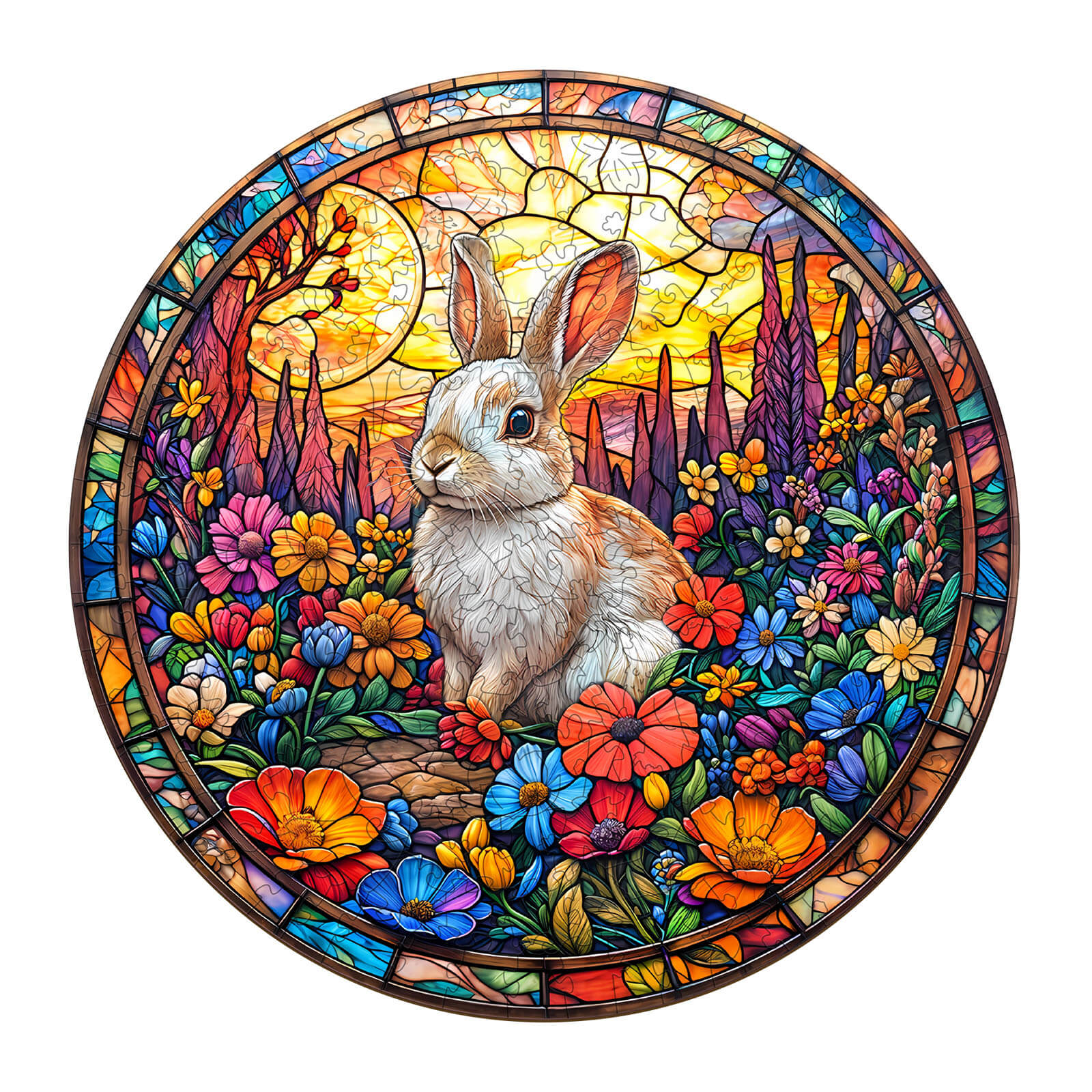 Colorful Flower Field Rabbit jigsaw puzzle showcasing vibrant flowers and a serene rabbit in a beautiful natural setting.