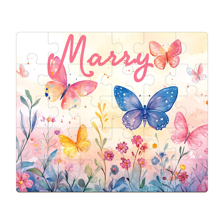 Butterfly in the flowers - Children's Name Custom Wooden Jigsaw Puzzle