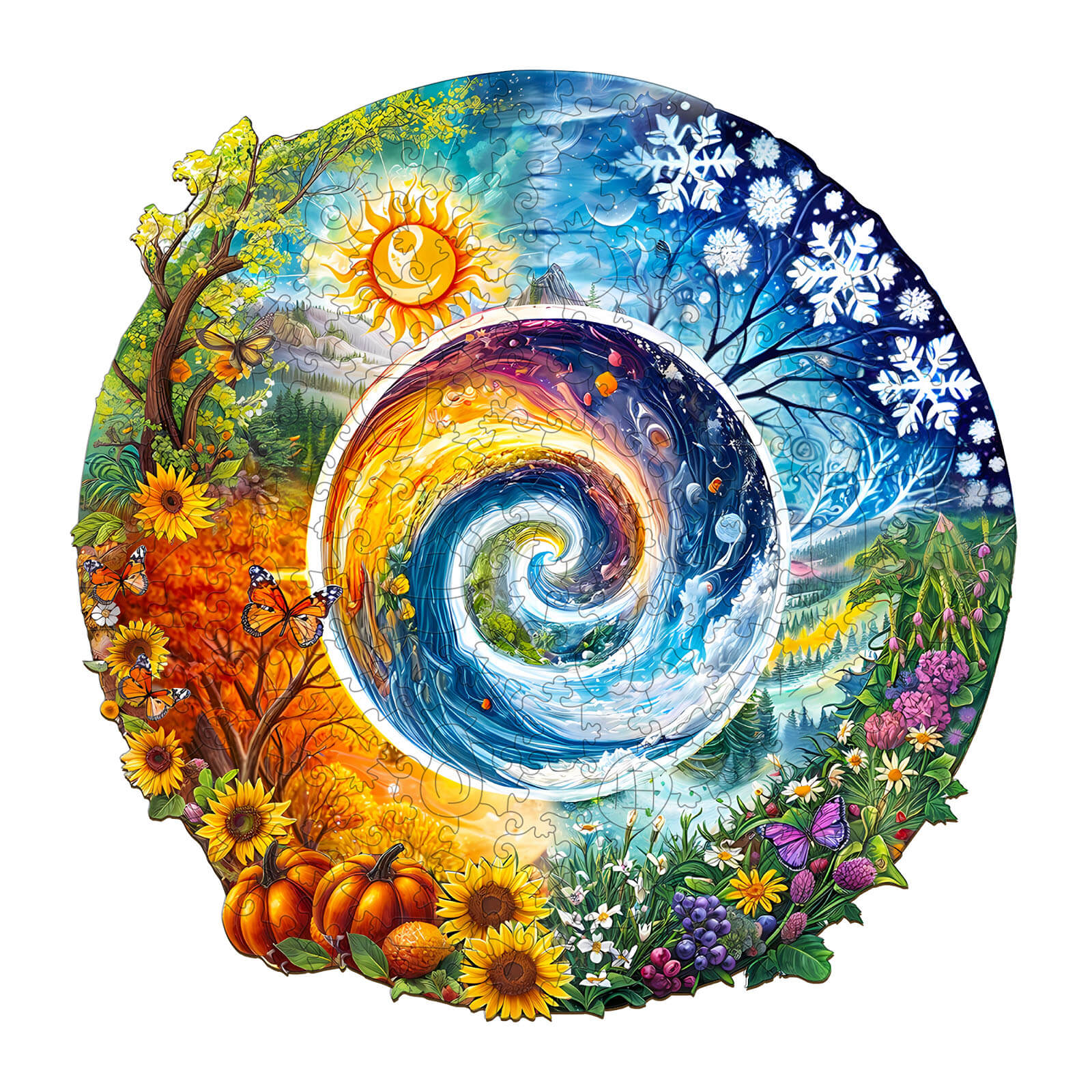 Colorful Seasons of Life wooden jigsaw puzzle featuring autumn, winter, spring, and summer scenes.