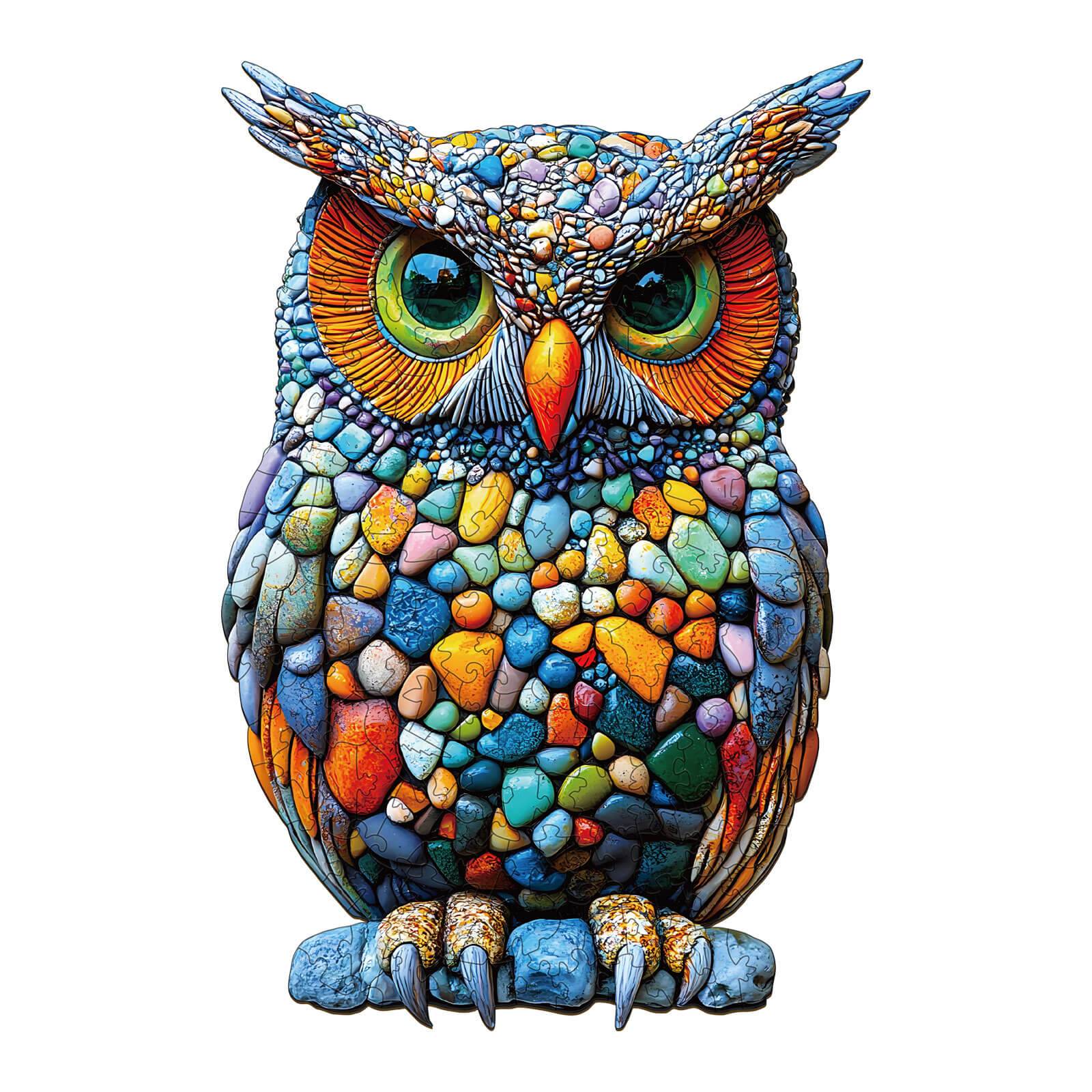Colorful stone owl wooden jigsaw puzzle designed for mind games and improving focus for puzzle enthusiasts.