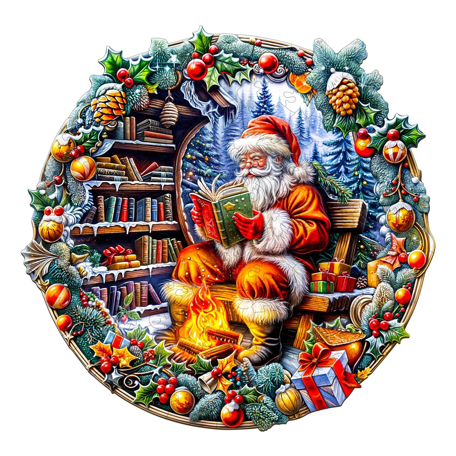 Santa reading by the fireside with gifts and books in a festive wooden jigsaw puzzle design, perfect for family fun and mind games.