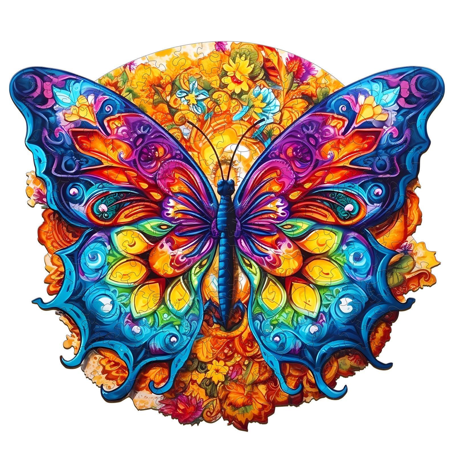 Vibrant Mandala Butterfly wooden jigsaw puzzle with intricate designs and unique shapes, showcasing colorful floral backgrounds.