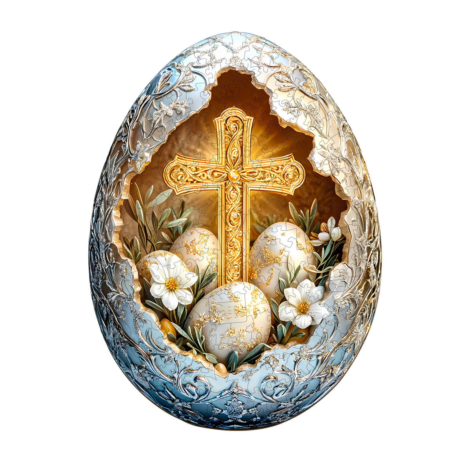 Intricate Easter egg with a golden cross and decorated eggs, symbolizing the spirit of Easter and renewal.
