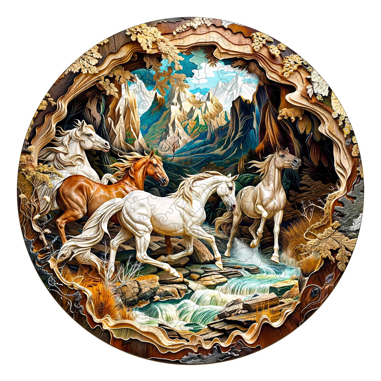3D Horse Wooden Jigsaw Puzzle featuring majestic horses in a scenic mountain landscape.