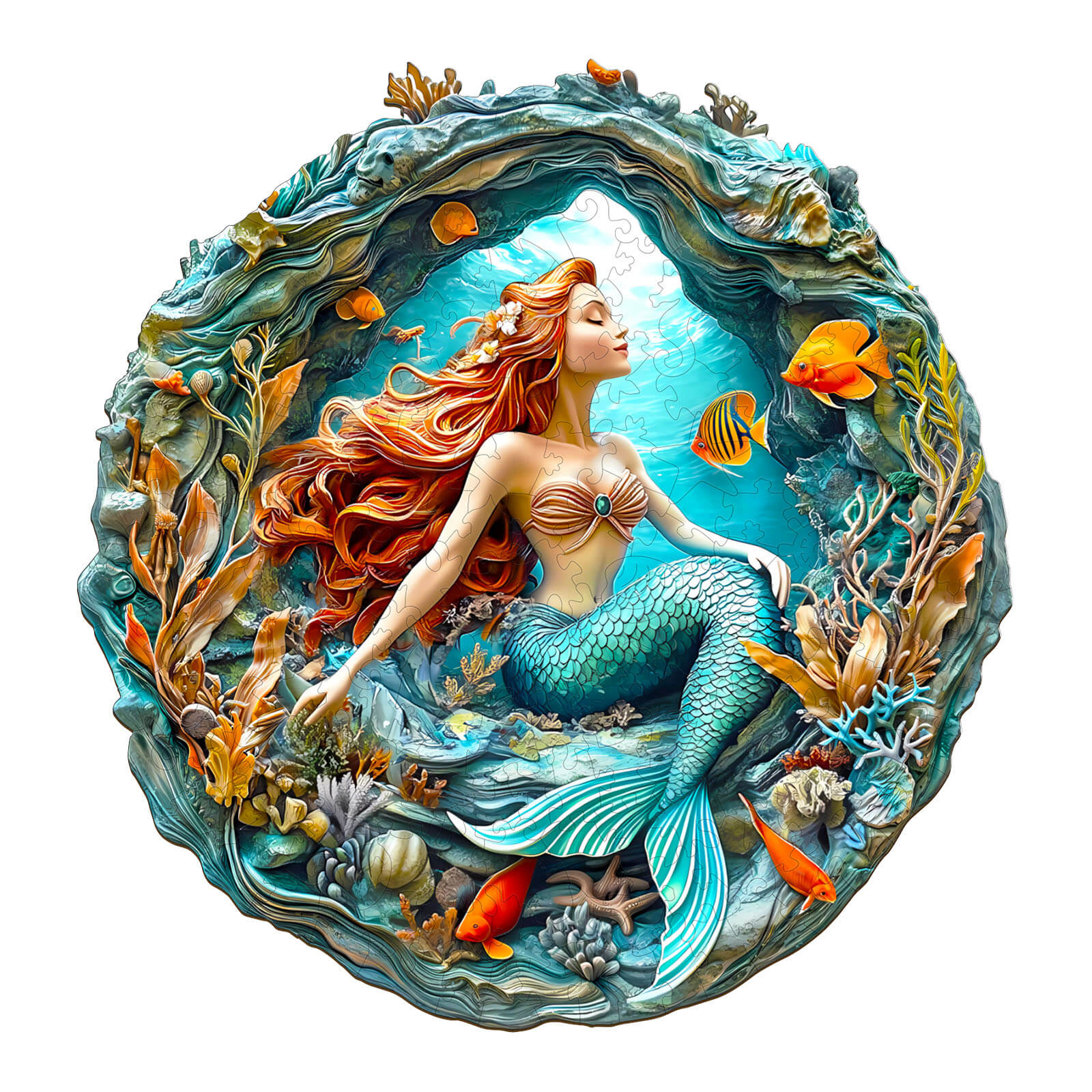 3D Mermaid's Secret Cave wooden jigsaw puzzle featuring a beautiful mermaid surrounded by colorful sea life.