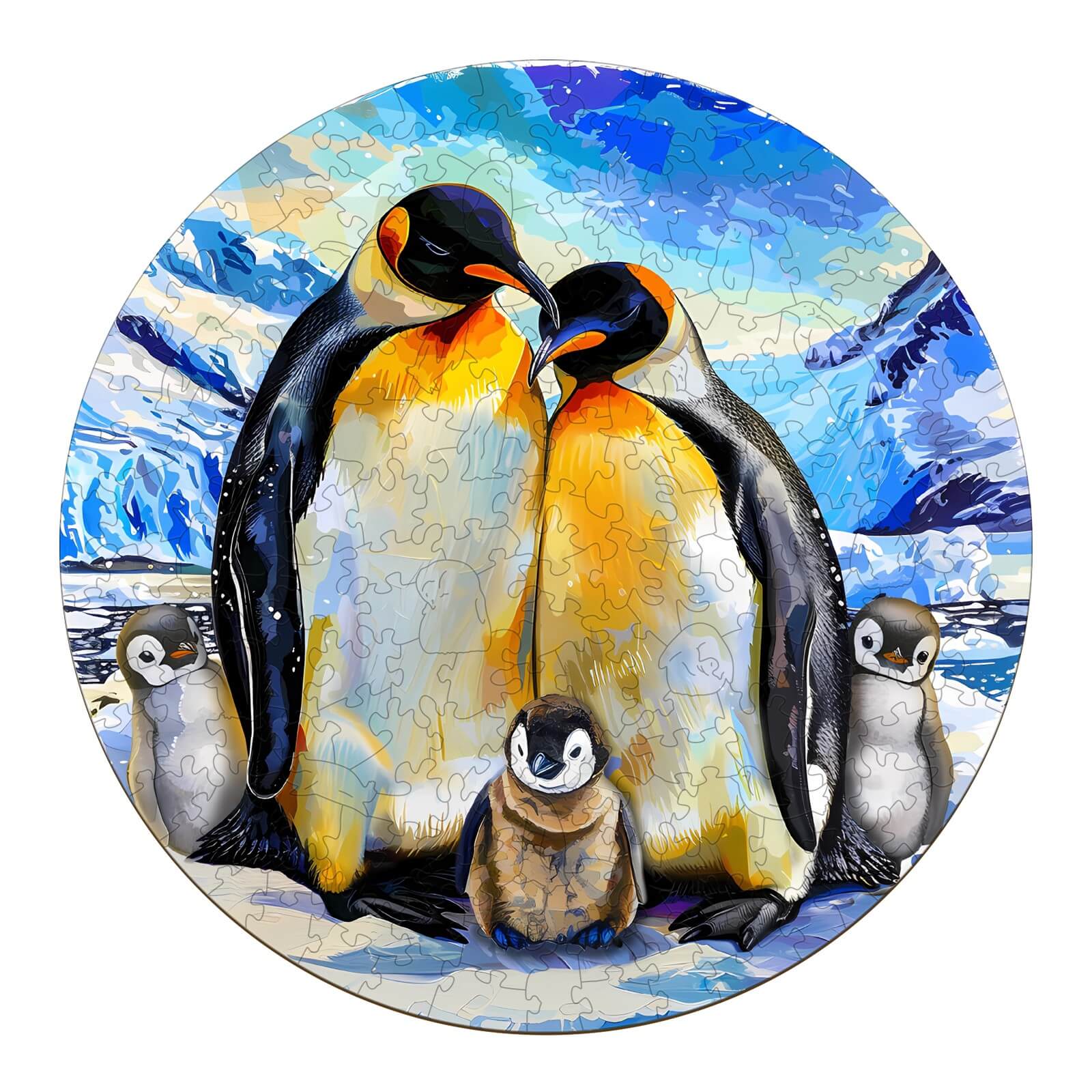 Wooden jigsaw puzzle featuring a penguin family with two adult penguins and three chicks in a snowy landscape.