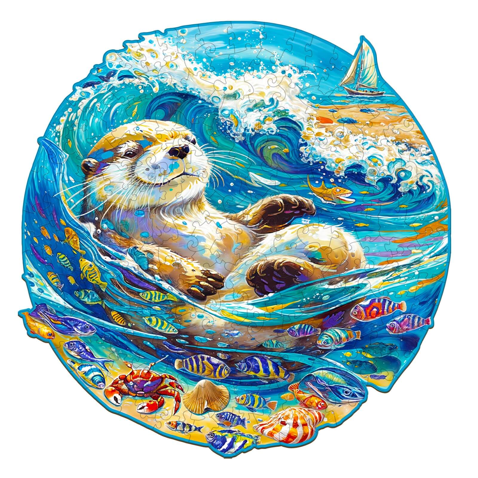 Leisurely Otter wooden jigsaw puzzle featuring an otter floating in vibrant ocean waves with fish and a sailboat.