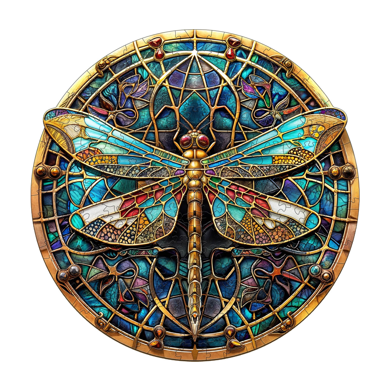 Vintage Dragonfly Wooden Jigsaw Puzzle featuring intricate stained glass design with vibrant colors and detailed patterns.