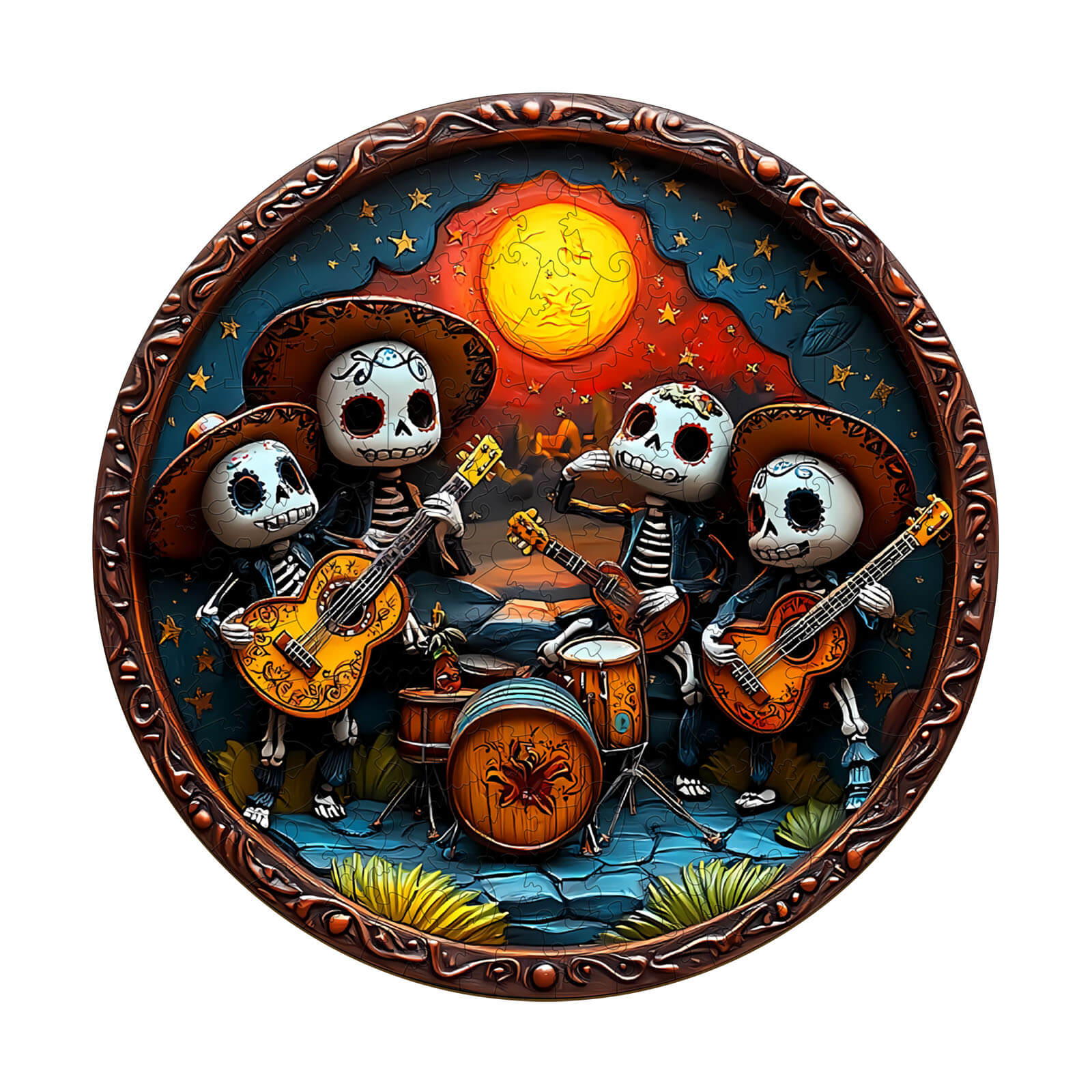3D wooden jigsaw puzzle featuring colorful skeleton musicians in sombreros, inspired by Mexican culture.