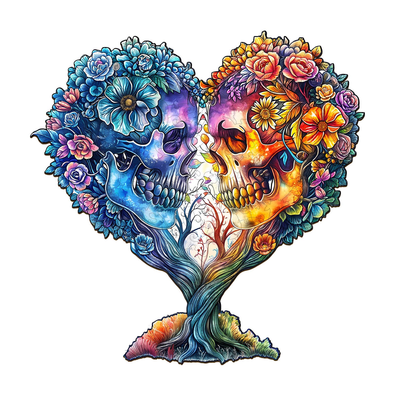 Skull and Love Wooden Jigsaw Puzzle featuring colorful floral designs in a heart shape.