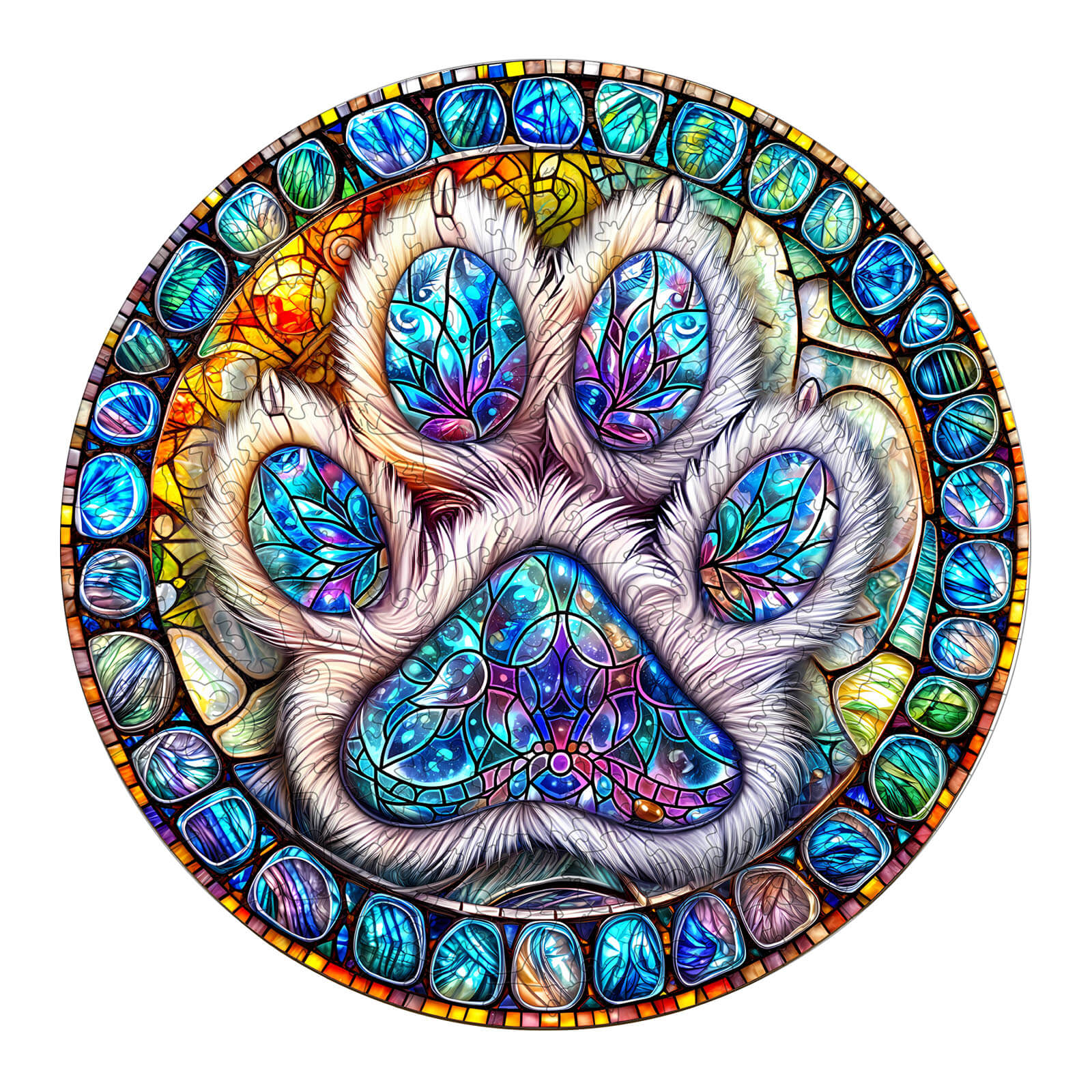 Colorful stained glass paw prints jigsaw puzzle for brain training and focus sharpening. Fun mind game for puzzle enthusiasts.