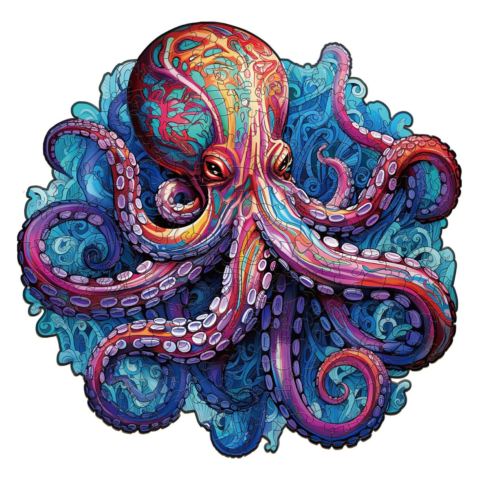 Colorful octopus illustration for Deep Sea Giant Octopus Wooden Jigsaw Puzzle, featuring vibrant tentacles and ocean waves.