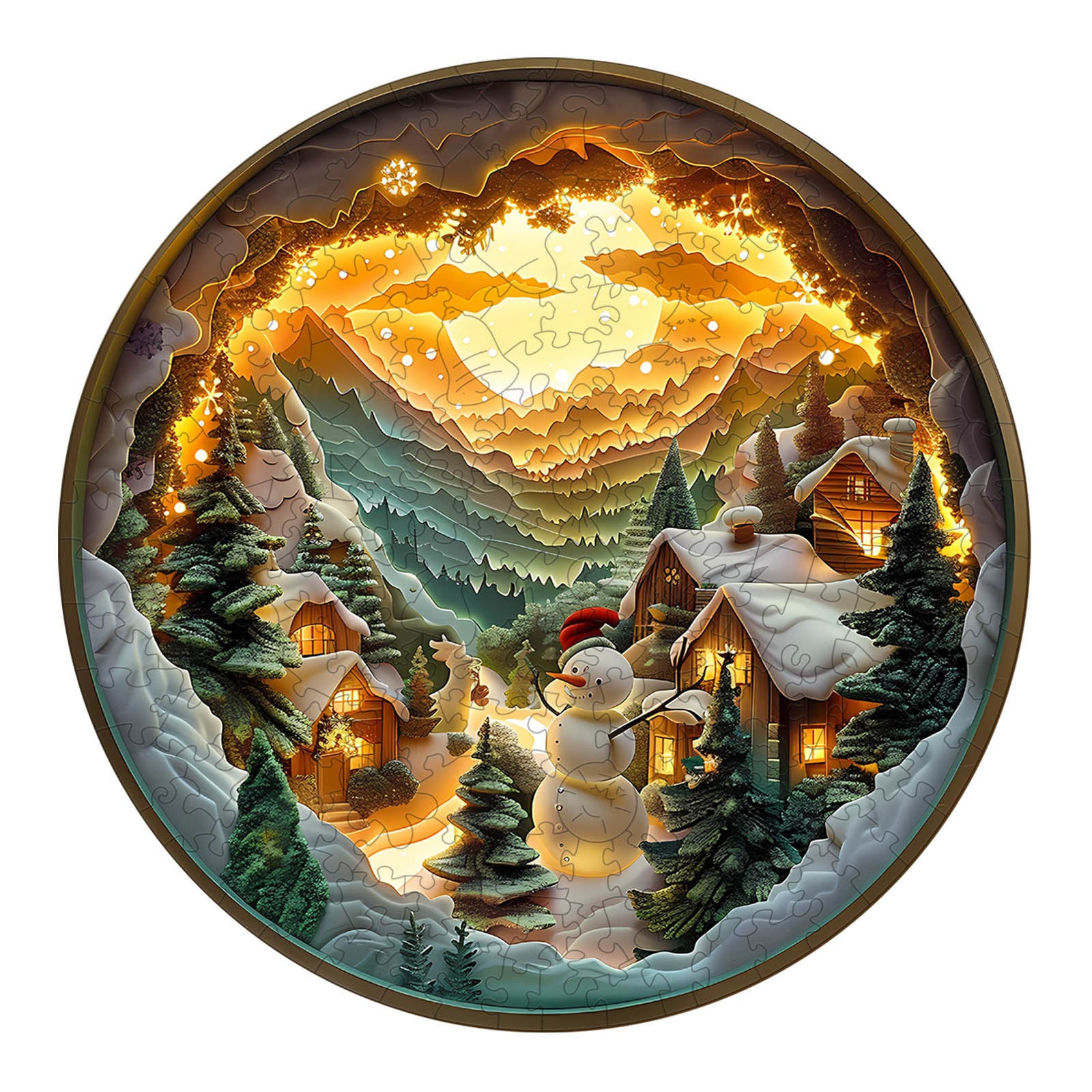 3D Christmas Village wooden jigsaw puzzle with a snowman and illuminated cottages in a snowy landscape.