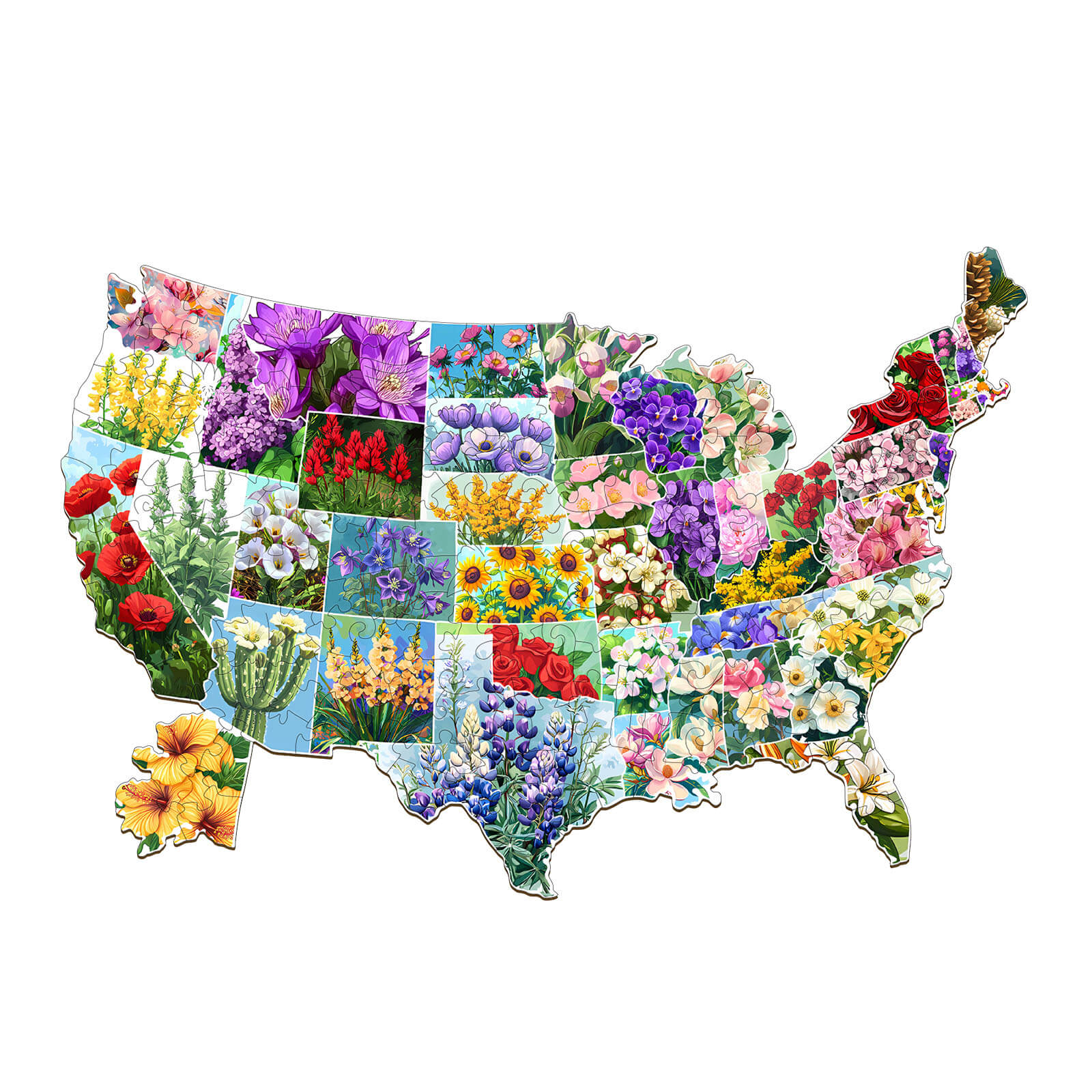 USA State Flowers Wooden Jigsaw Puzzle featuring vibrant floral designs across the map of the United States.