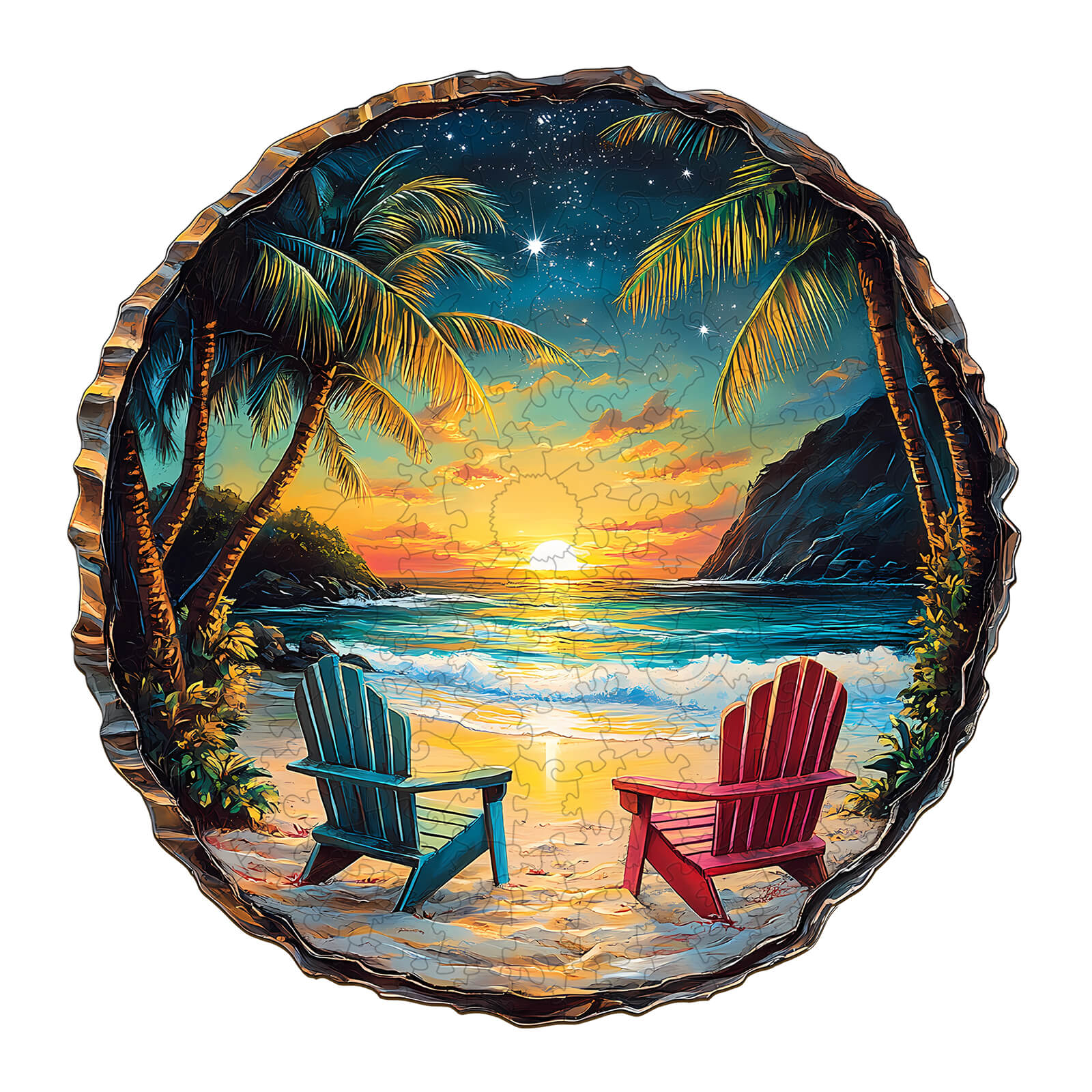 3D Sunset Beach Wooden Jigsaw Puzzle with vibrant sunset and palm trees, featuring blue and red chairs on the shore.