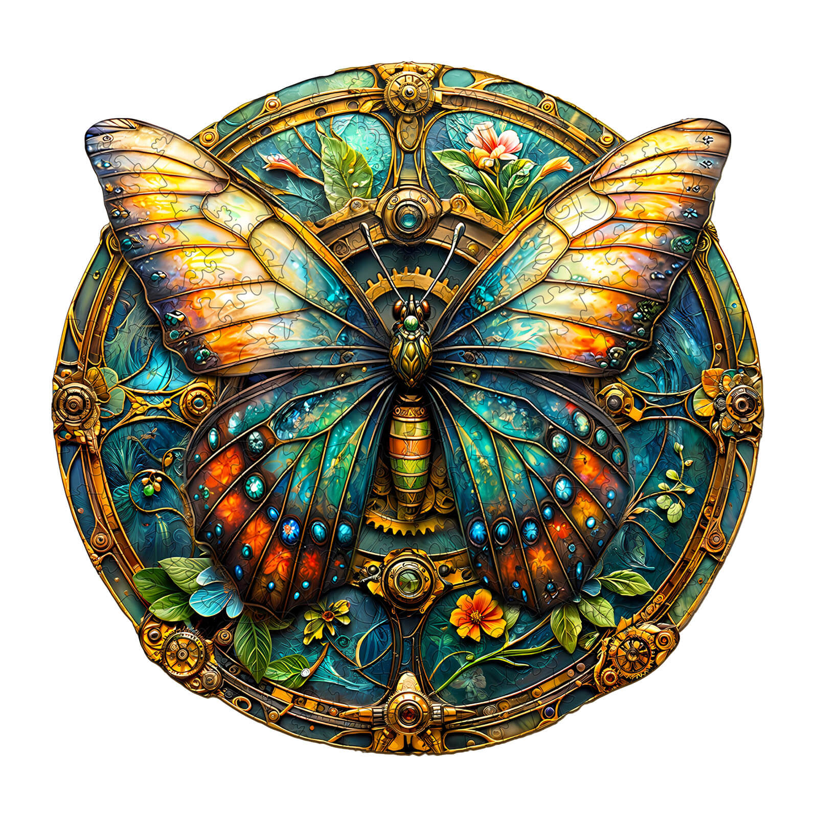 Vintage butterfly-2 wooden jigsaw puzzle featuring a colorful, artistic design with flowers and gears.