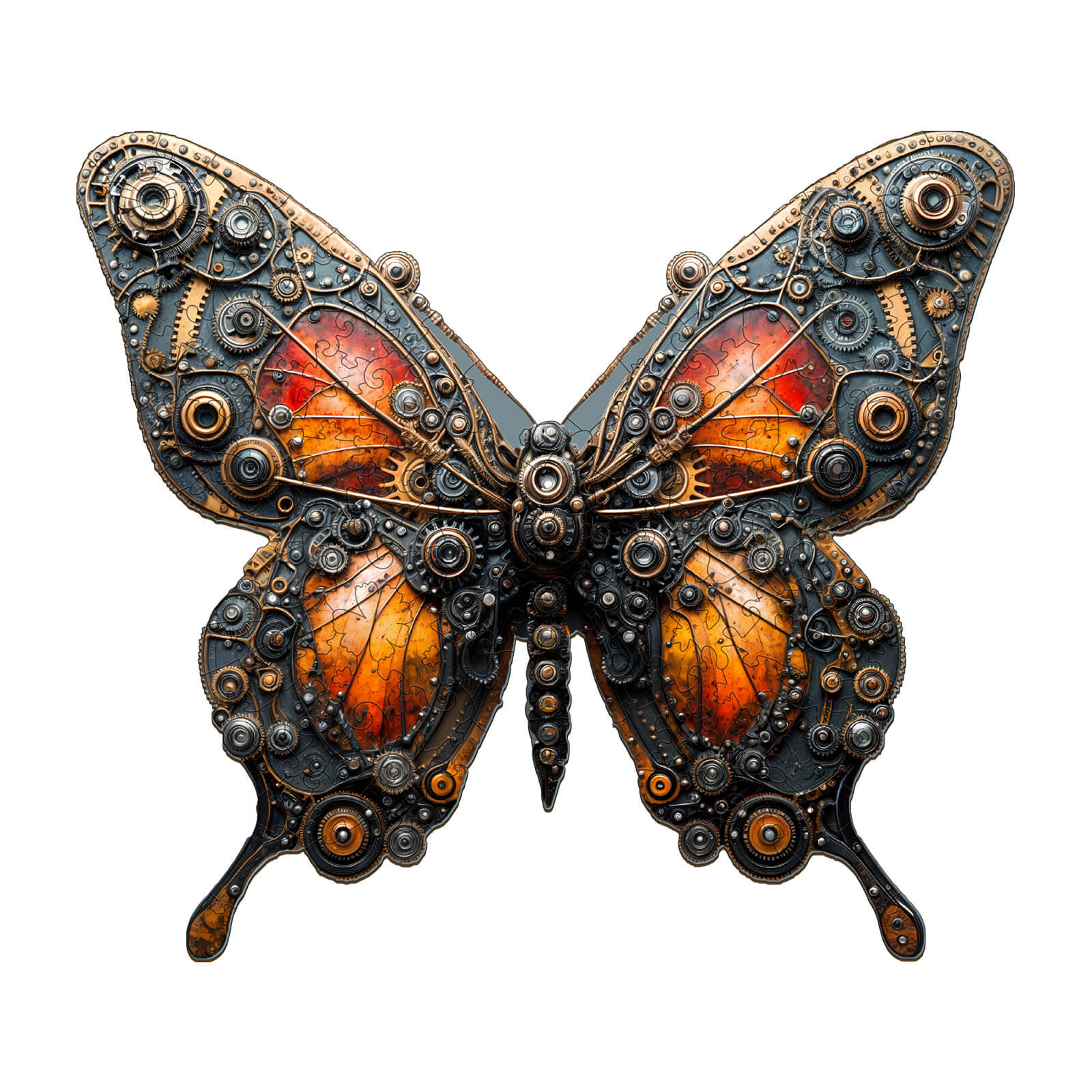 3D Mechanical Butterfly Wooden Jigsaw Puzzle featuring intricate gears and vibrant orange wings for an engaging mind game.