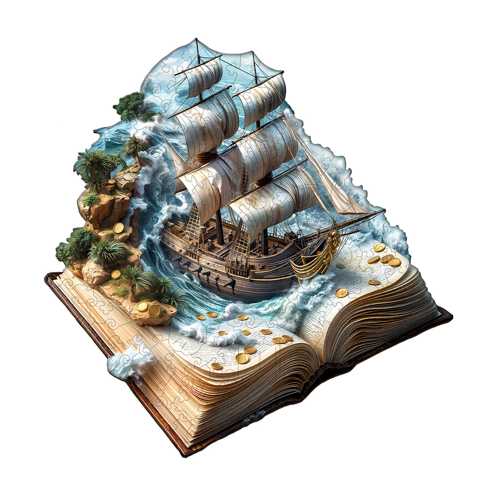 Sailing Adventure Wooden Jigsaw Puzzle featuring a ship and ocean waves on an open book, perfect for puzzle enthusiasts.
