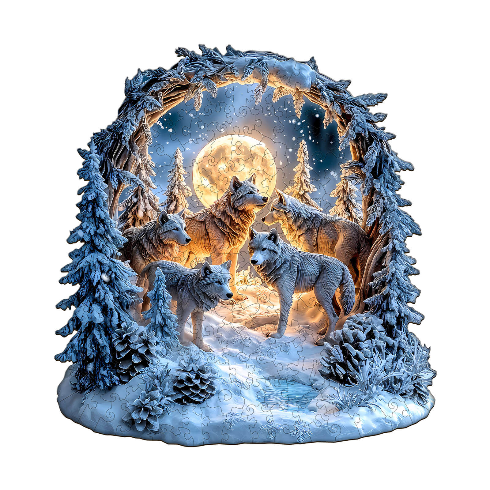 Schneebedeckte Nacht Wolf Rudel Holz-Puzzle