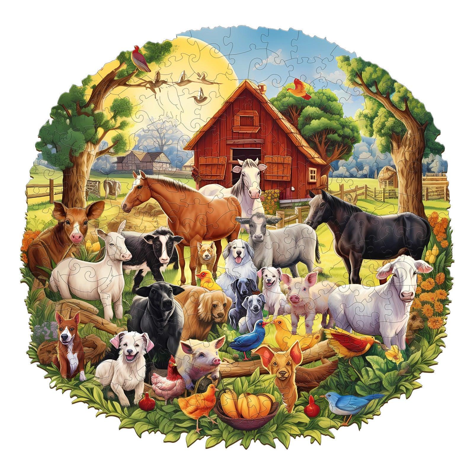 Colorful Fun Farm Wooden Jigsaw Puzzle featuring various farm animals in a vibrant rural setting.