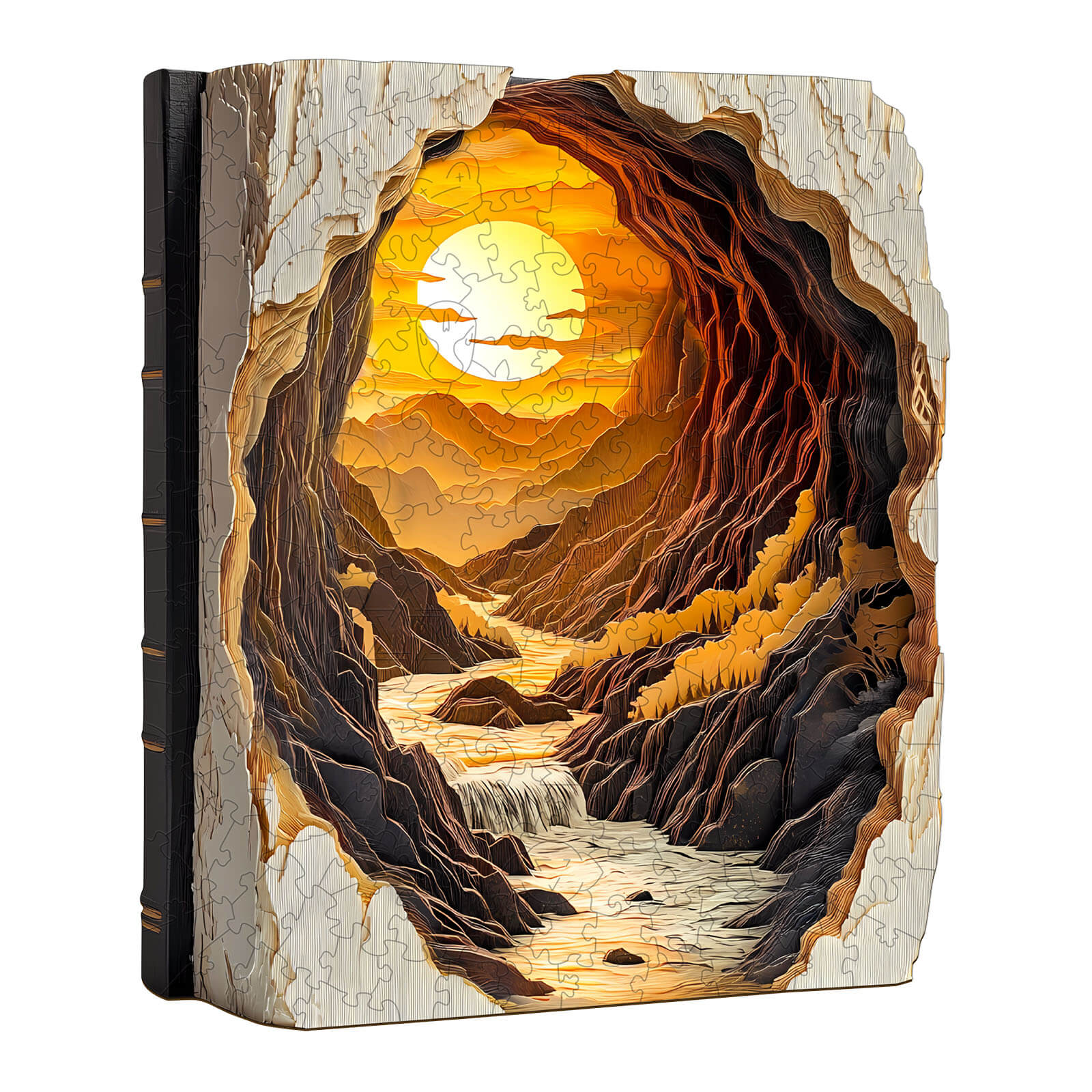 3D Sunset in a Book wooden jigsaw puzzle showcasing vibrant sunset and flowing river, perfect for mind games and focus enhancement.