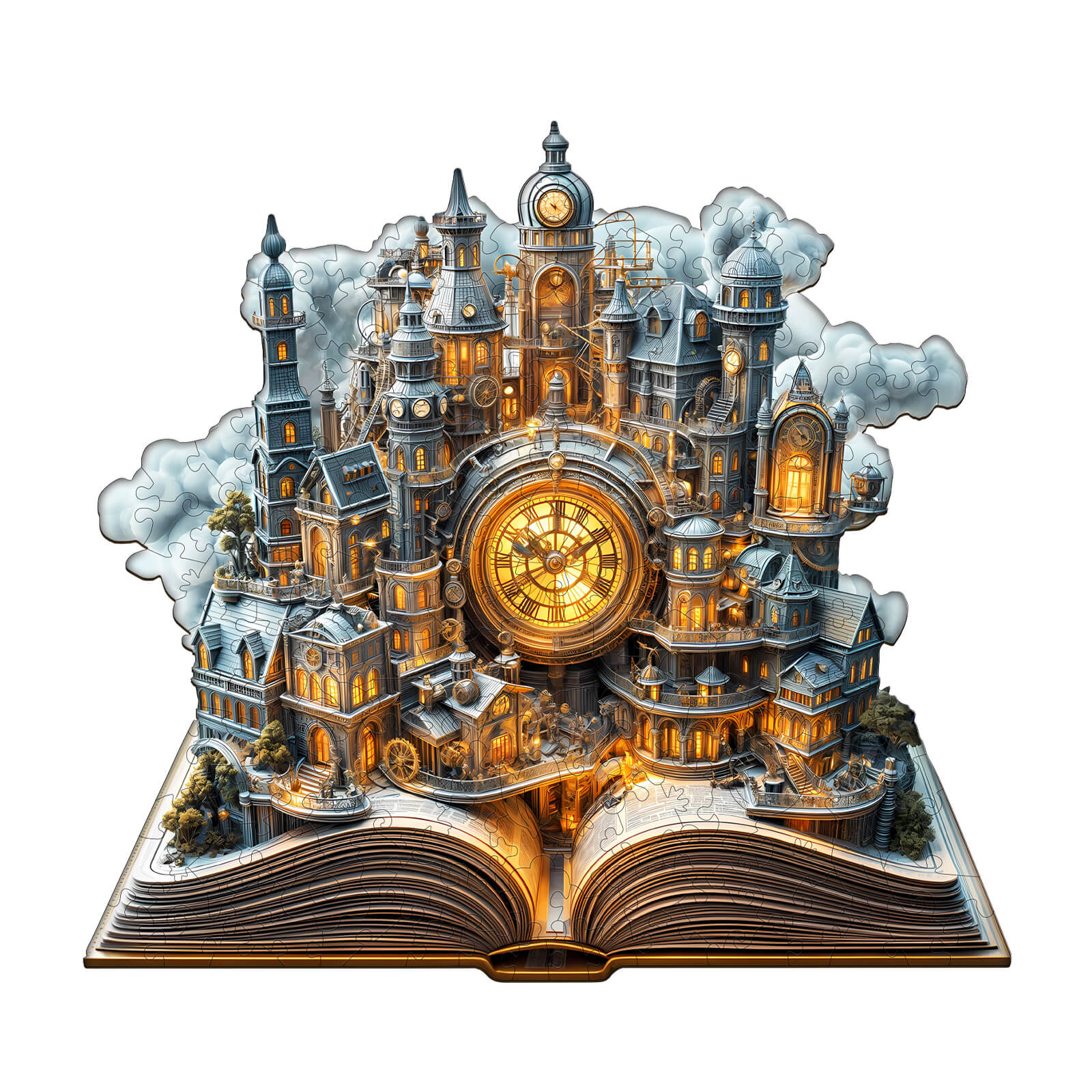 Clockwork City wooden jigsaw puzzle designed for mind games, enhancing focus and cognitive skills through engaging play.