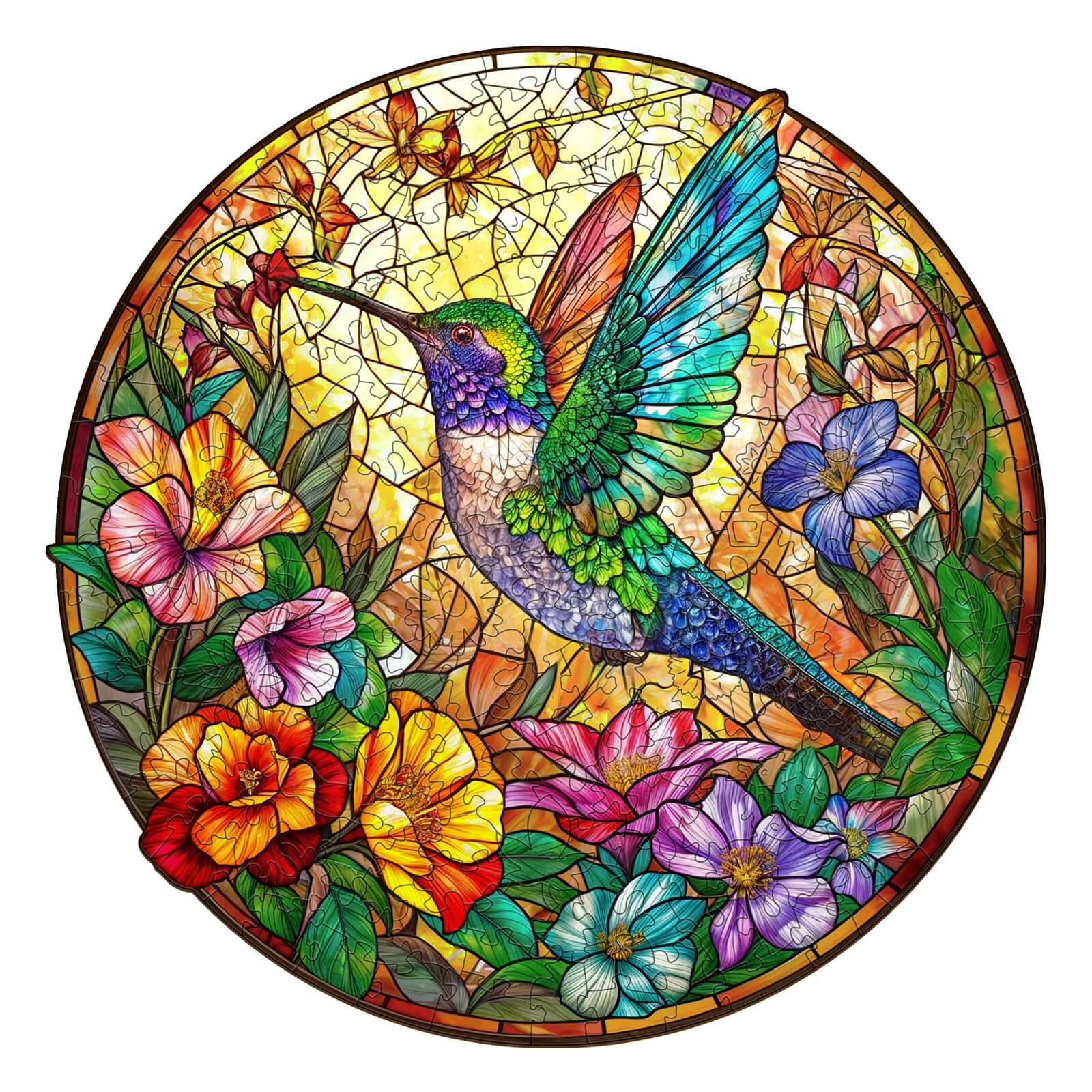 Vibrant stained glass hummingbird jigsaw puzzle featuring colorful flowers for a relaxing mind game experience.
