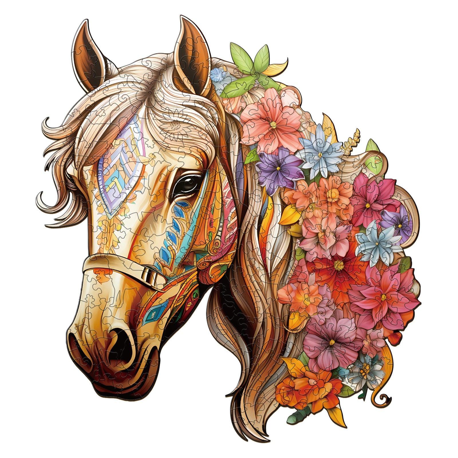 Colorful wooden jigsaw puzzle piece featuring a horse adorned with vibrant flowers and intricate designs.