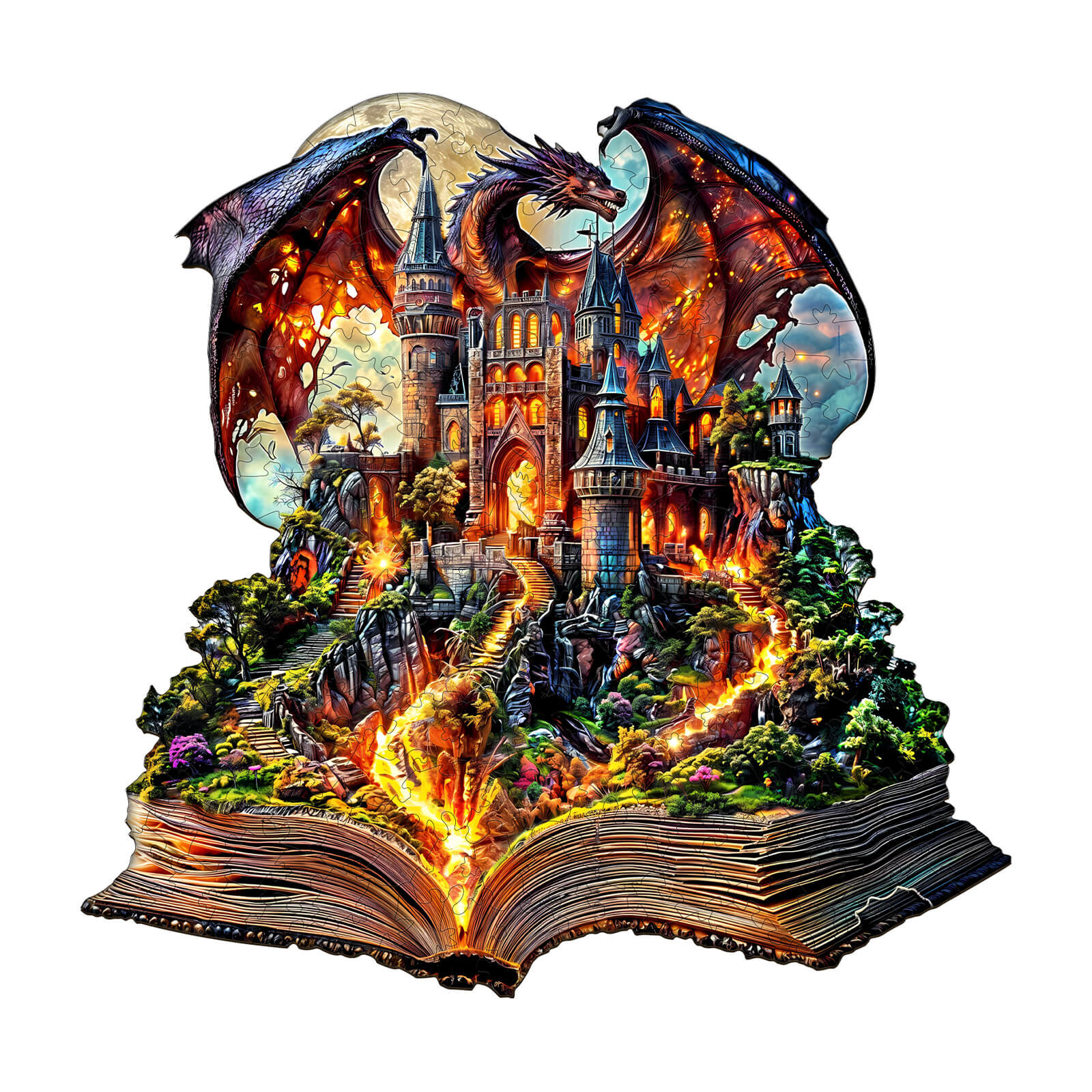 Epic Tale Wooden Jigsaw Puzzle features a dragon soaring over a magical castle, igniting imagination and focus in puzzle solvers.