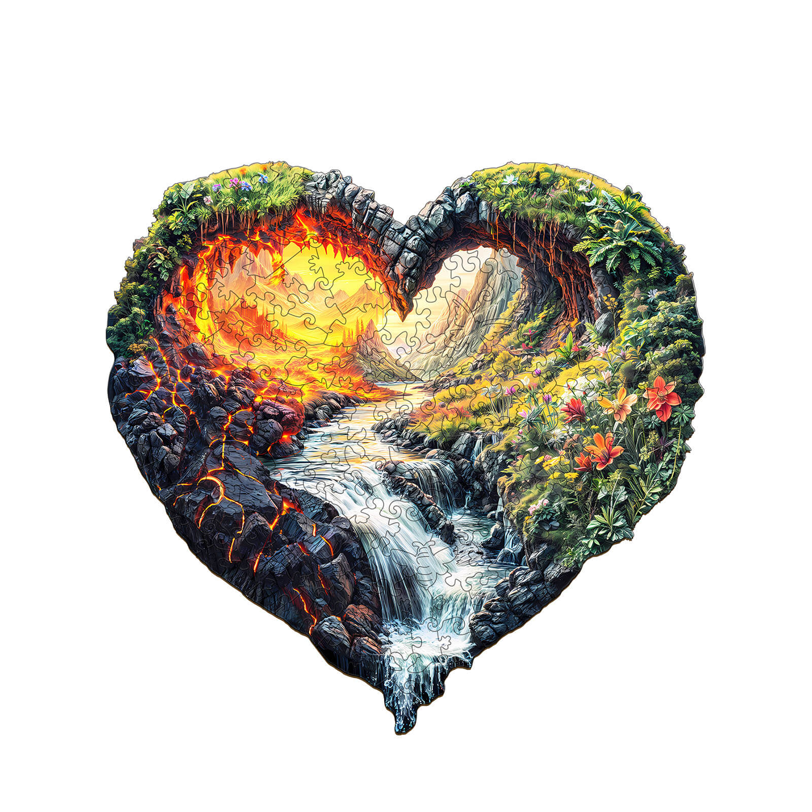 ETERNAL FLOW wooden jigsaw puzzle depicting a heart-shaped landscape with a waterfall and vibrant nature.