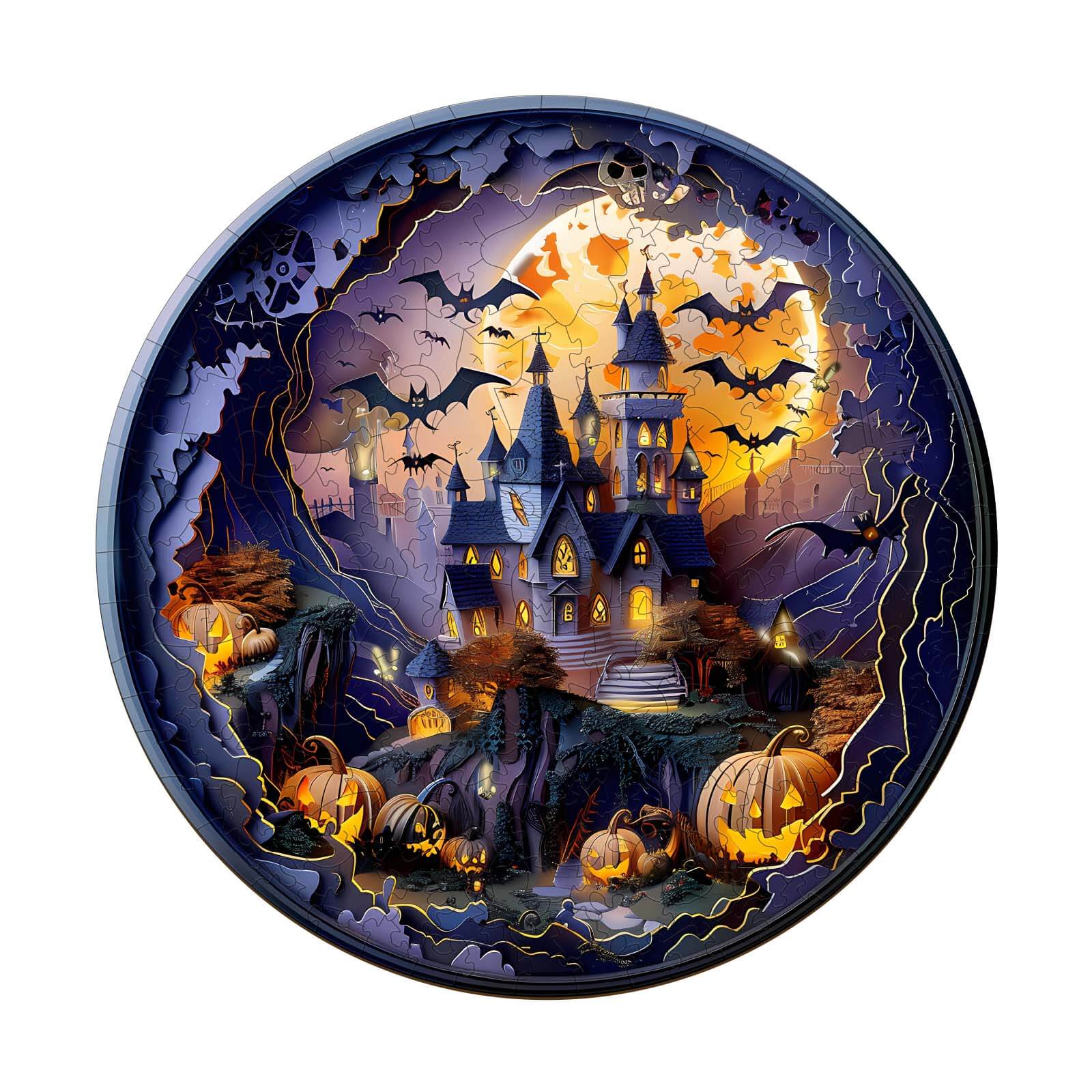 3D Halloween Castle-2 wooden jigsaw puzzle featuring a spooky haunted castle and pumpkins in a dark, atmospheric setting.