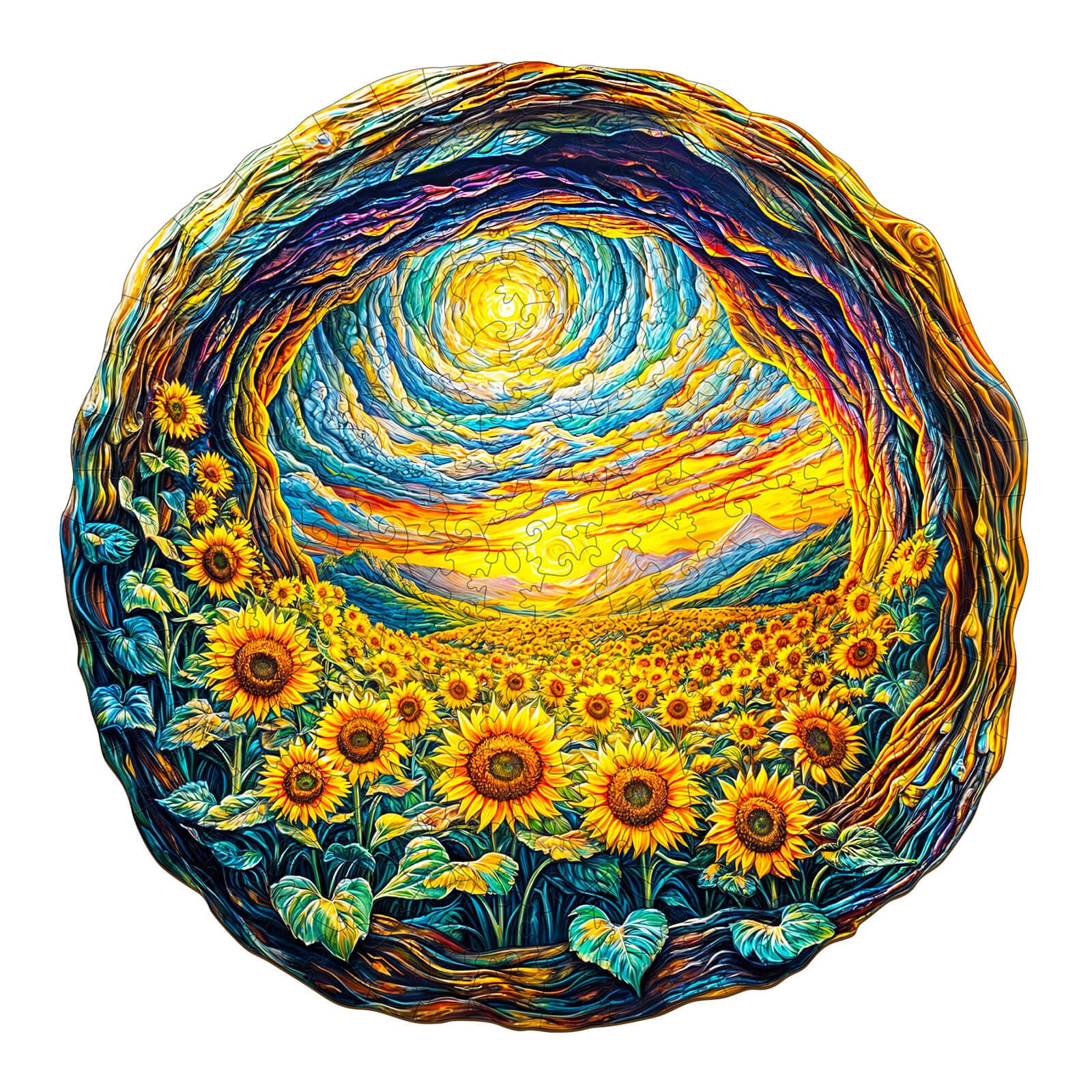 3D Sunlit Fields Wooden Jigsaw Puzzle featuring vibrant sunflowers and a scenic sunset in a circular design.