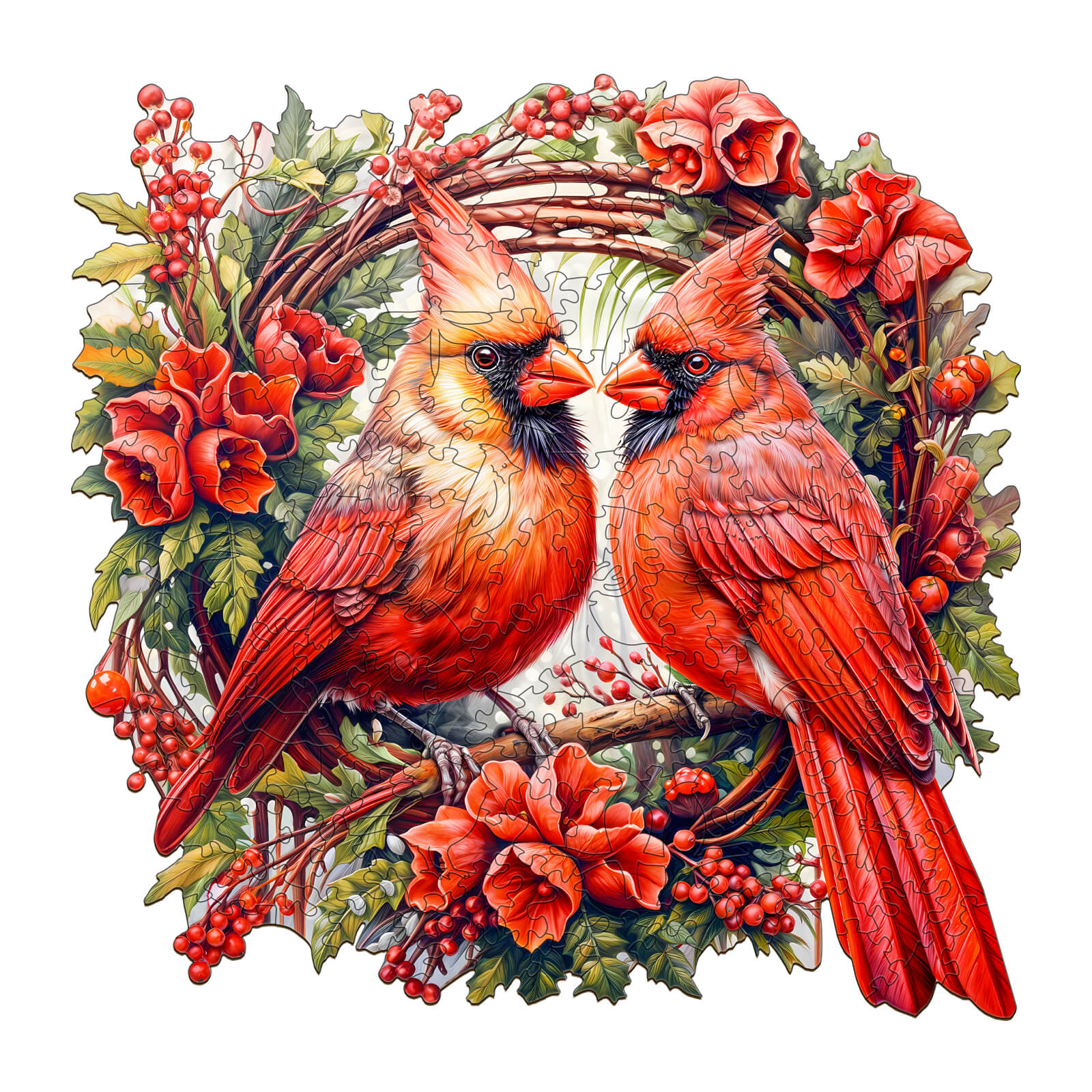 Cardinal Wooden Jigsaw Puzzle featuring two vibrant red cardinals among floral accents, perfect for mind games and enhancing focus.
