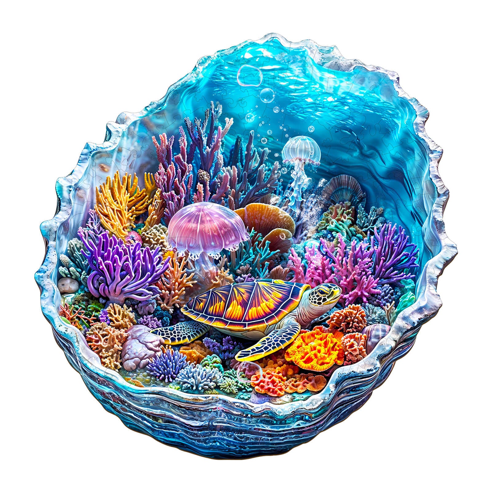 3D Ocean's Embrace wooden jigsaw puzzle featuring vibrant coral reefs, colorful turtles, and jellyfish in a stunning ocean scene.