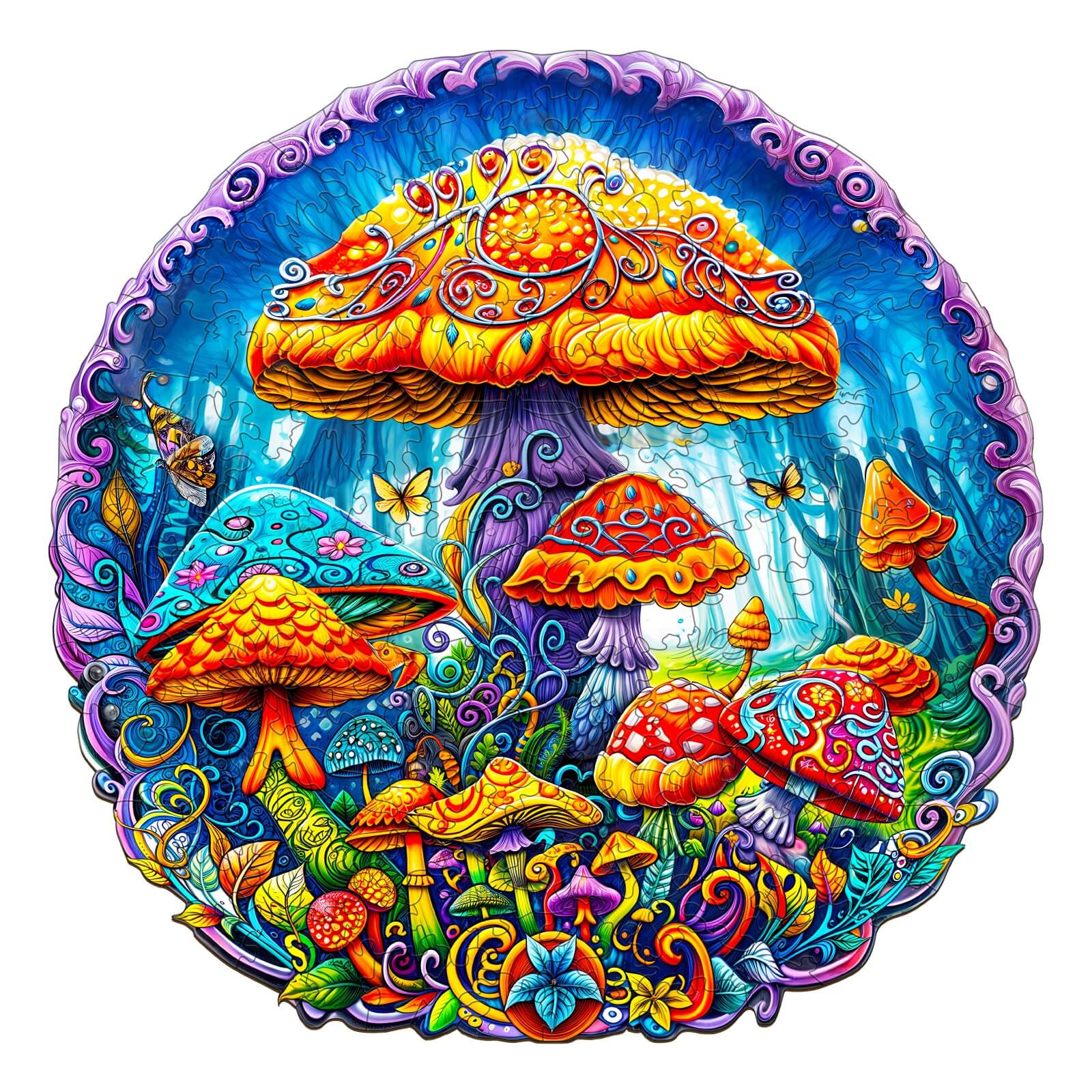Colorful magical mushrooms jigsaw puzzle featuring vibrant designs, ideal for enhancing focus and cognitive skills.