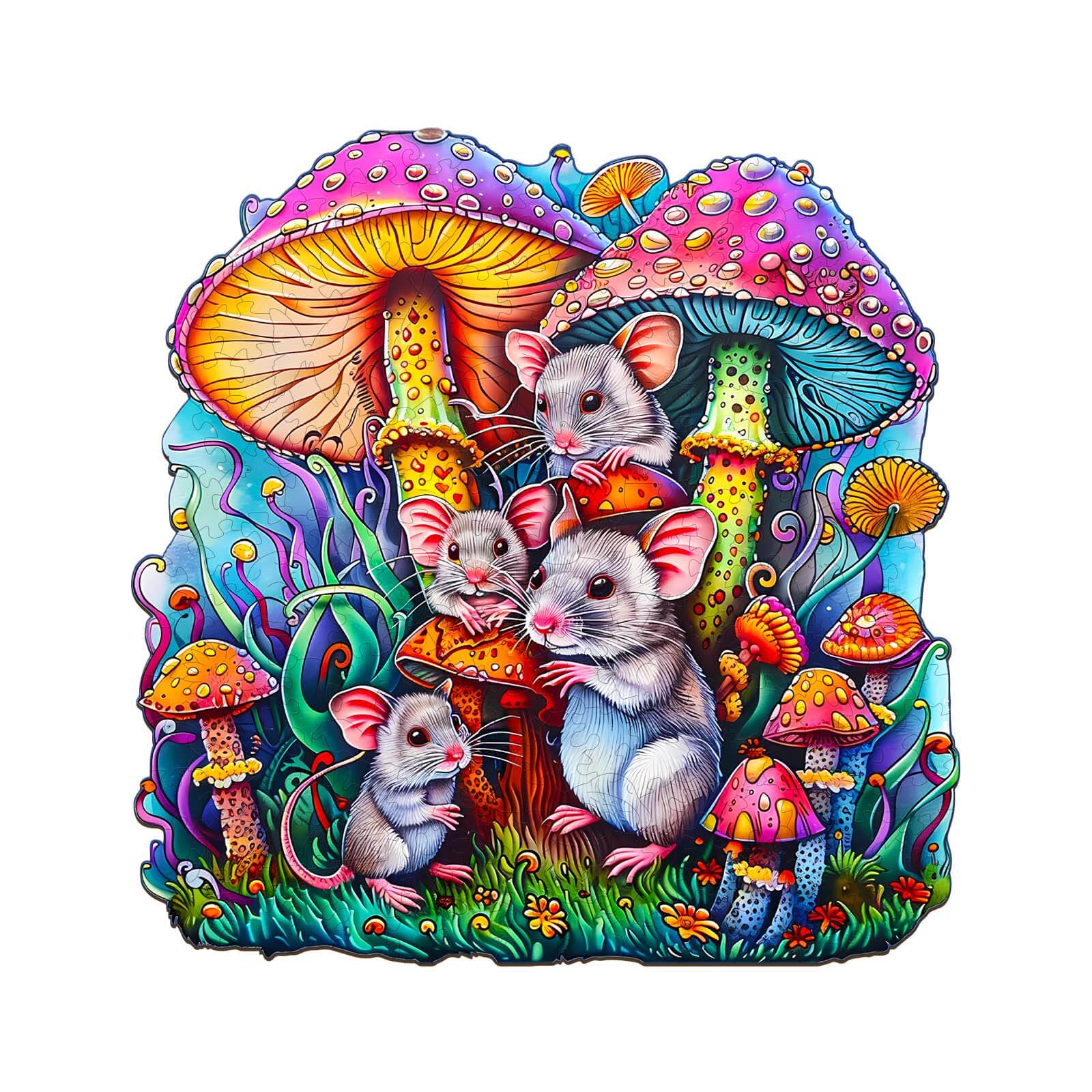 Colorful Mouse Family Wooden Jigsaw Puzzle featuring mice among vibrant mushrooms, ideal for enhancing focus and cognitive skills.