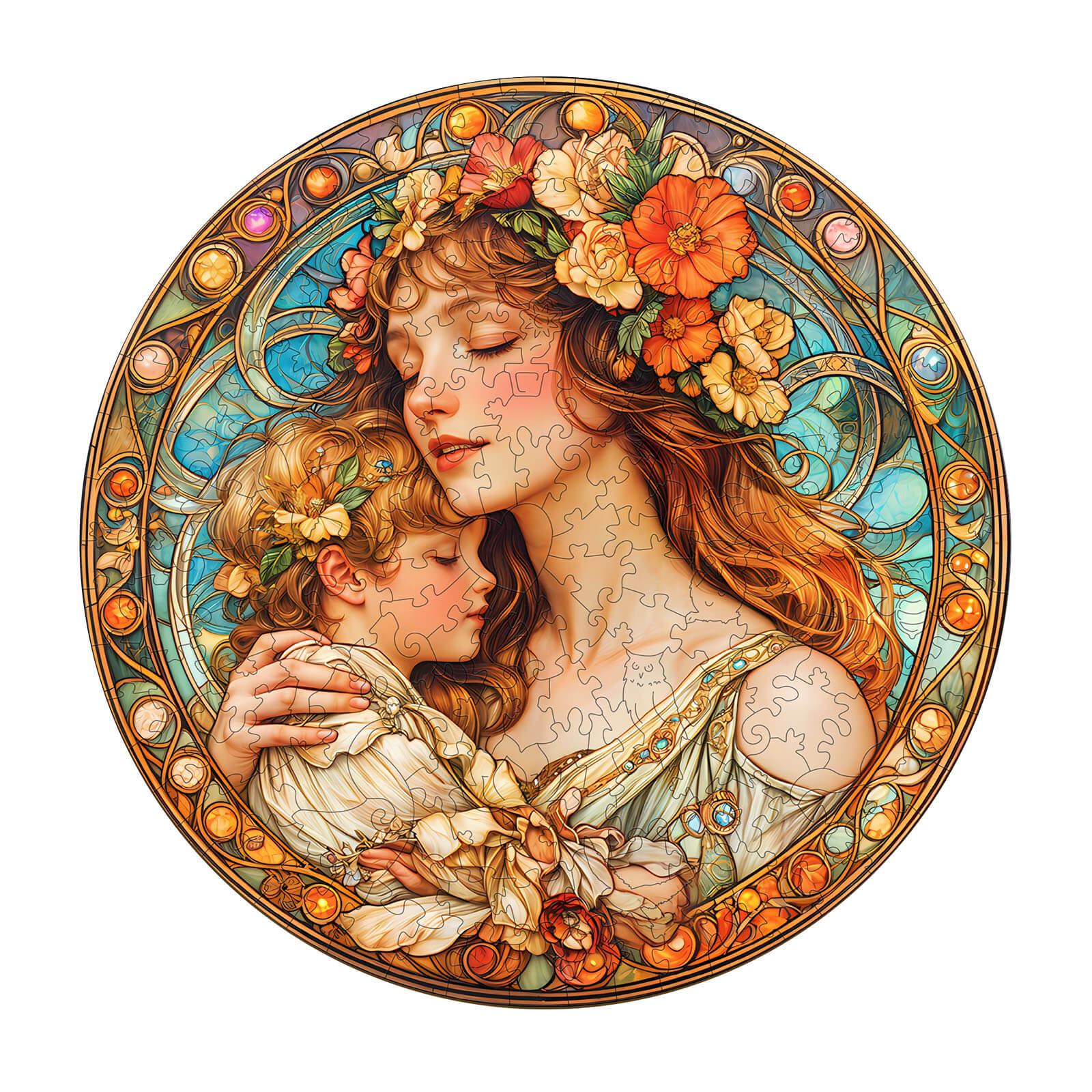 Maternal love wooden jigsaw puzzle featuring a mother and child illustration with floral design.