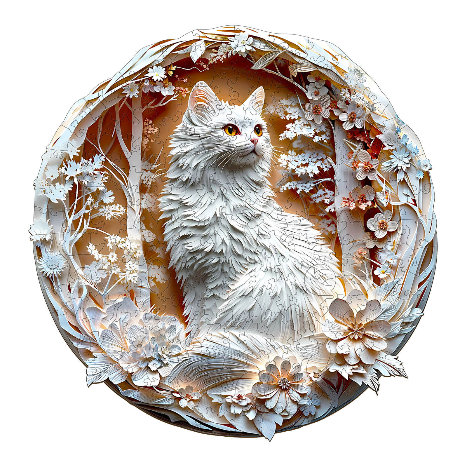 3D Cat-3 wooden jigsaw puzzle showcasing a beautifully detailed cat surrounded by flowers and trees.