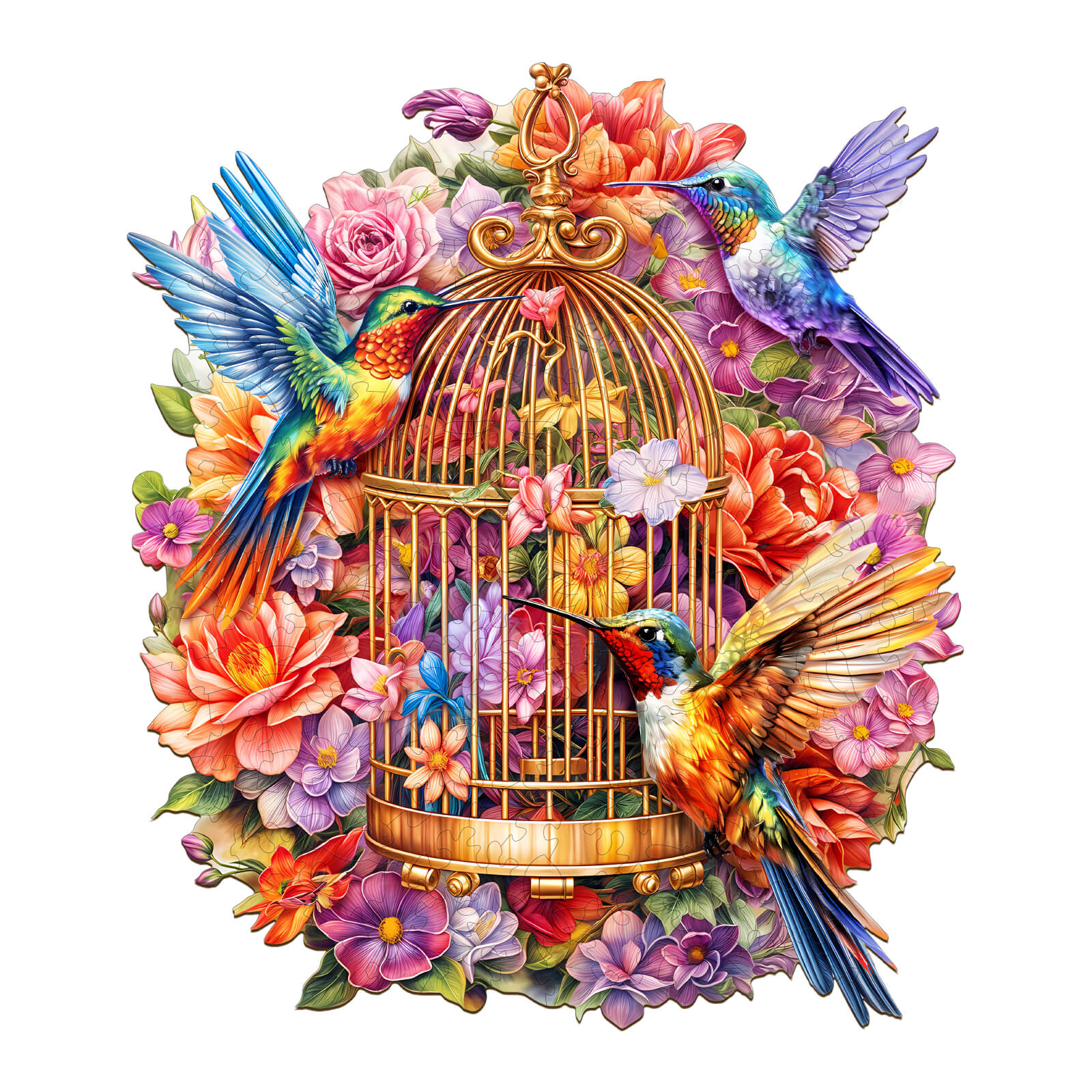 Colorful wooden jigsaw puzzle featuring hummingbirds and floral design, ideal for mind engagement and focus.