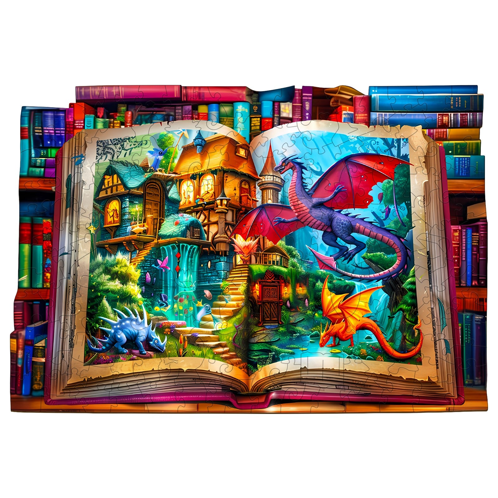 Fantasy world wooden jigsaw puzzle featuring dragons and a magical book scene, perfect for mind games and focus.