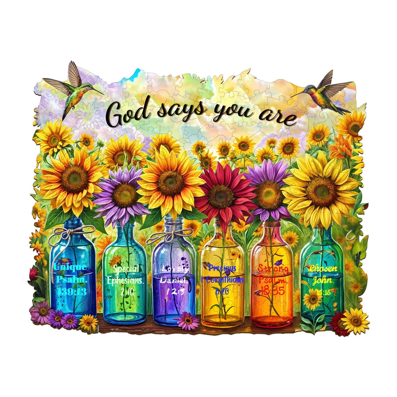 Colorful wooden jigsaw puzzle featuring bottles and sunflowers with the text 'God says you are' for mindfulness and focus.
