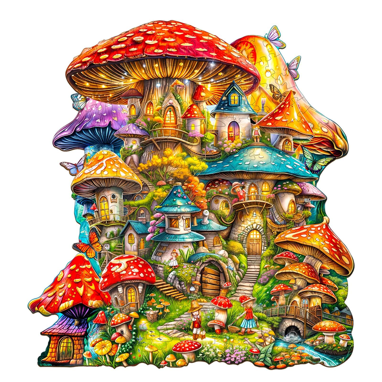 Colorful Mushroom House wooden jigsaw puzzle showcasing vibrant mushrooms and whimsical houses, ideal for mind games and focus.