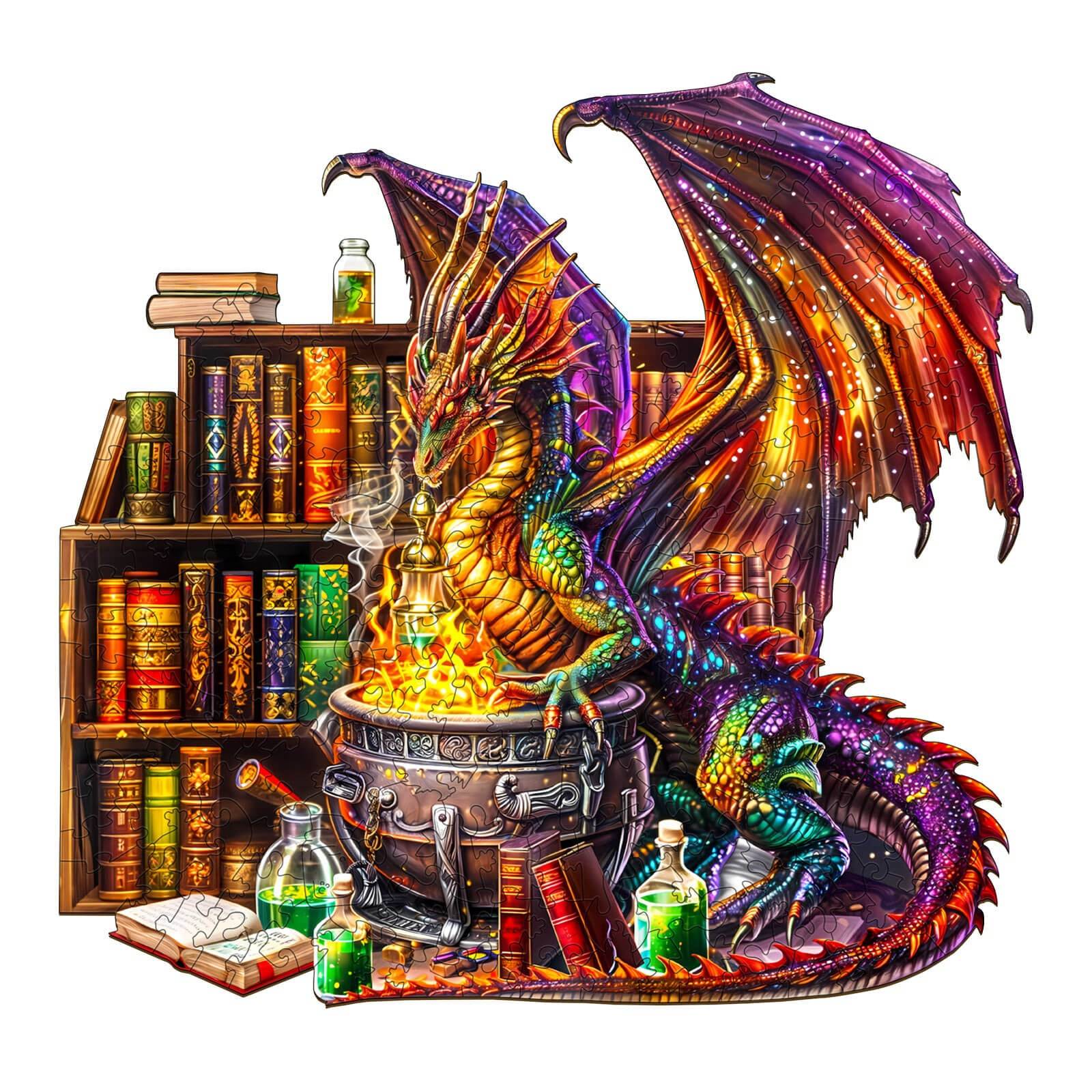 Dragon Magic Potion Wooden Jigsaw Puzzle featuring a colorful dragon and cauldron with magical books in the background.