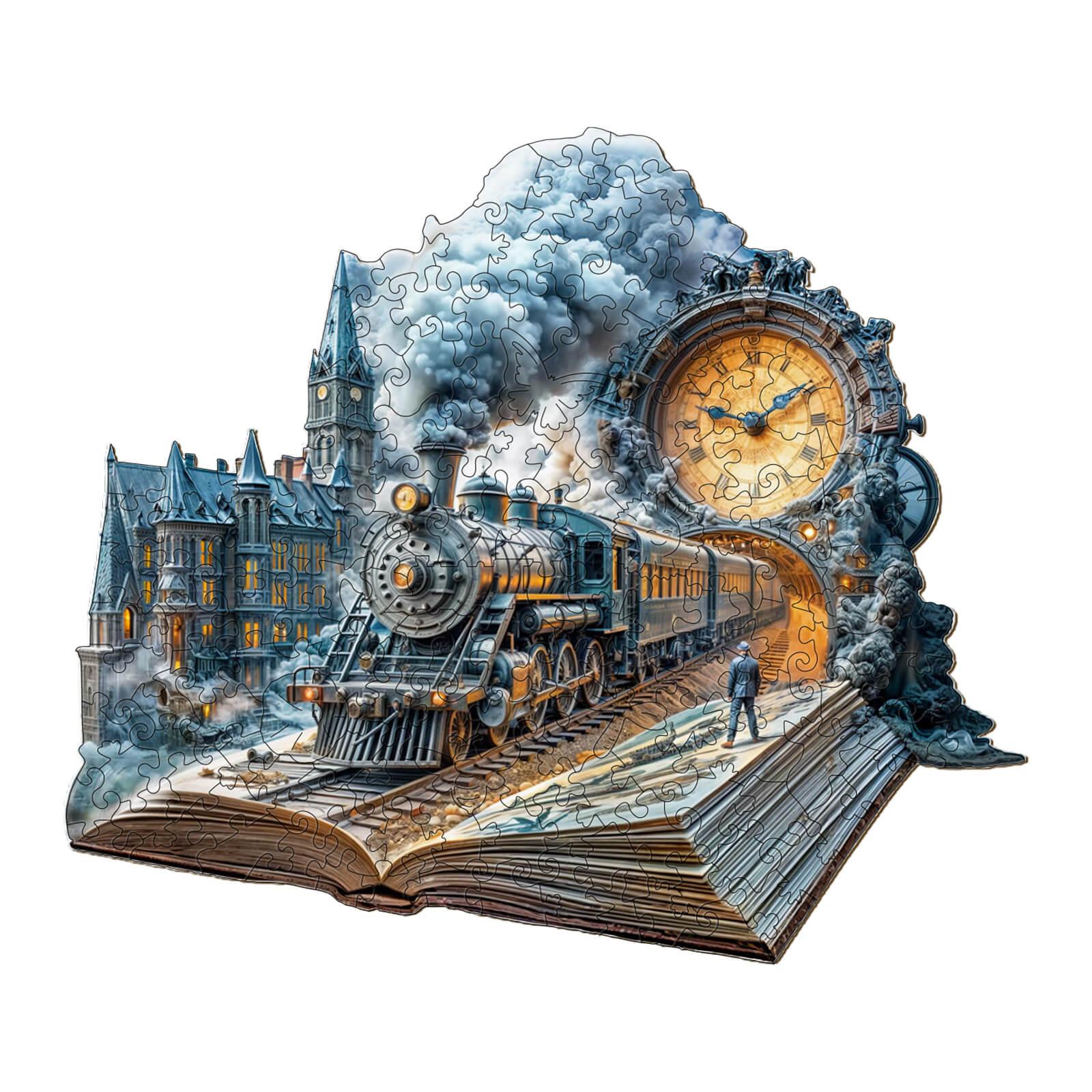 Chrono Train wooden jigsaw puzzle featuring a steam train, clock, and detailed scenery for engaging mind games.