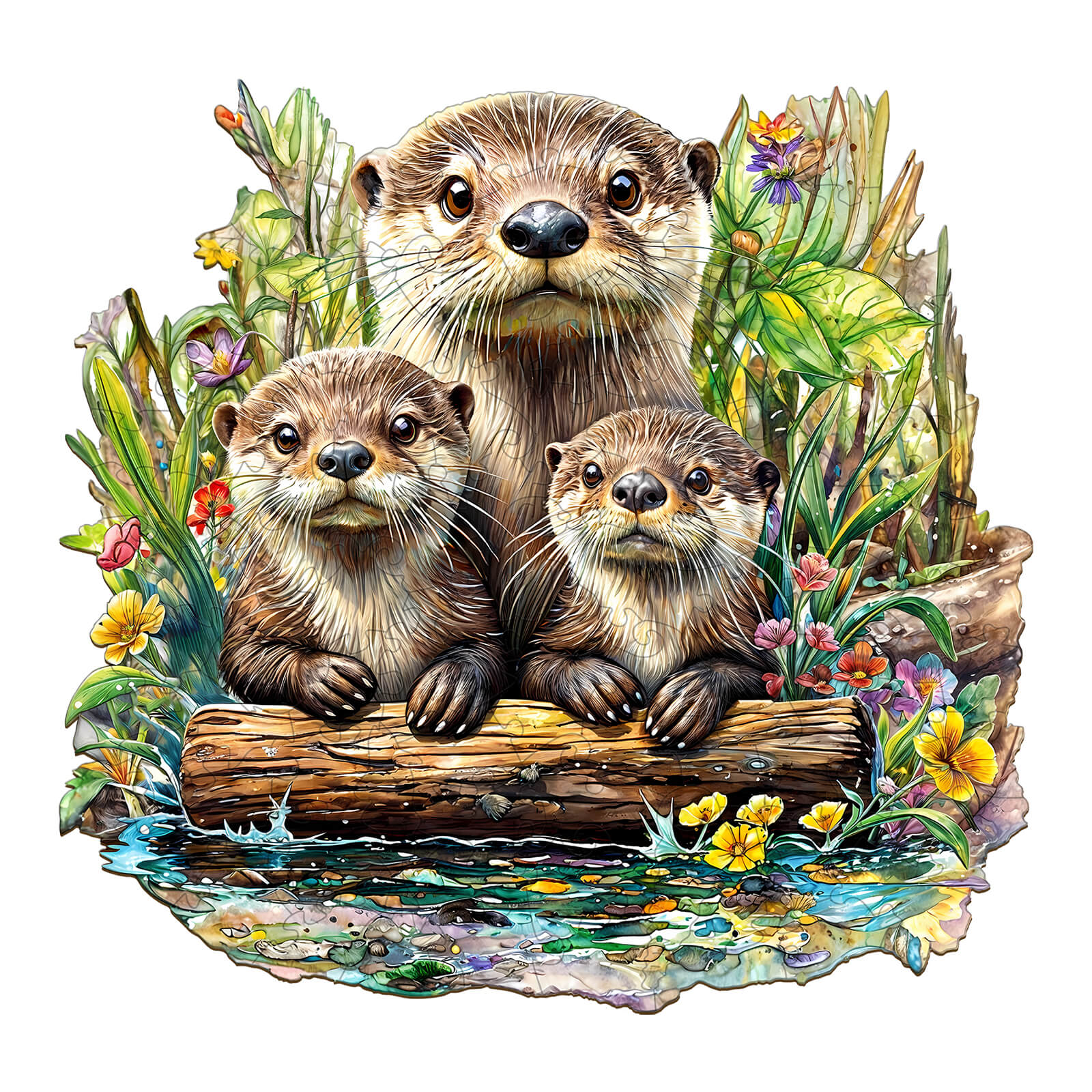 Otter wooden jigsaw puzzle with three playful otters by a pond surrounded by vibrant flowers and greenery.
