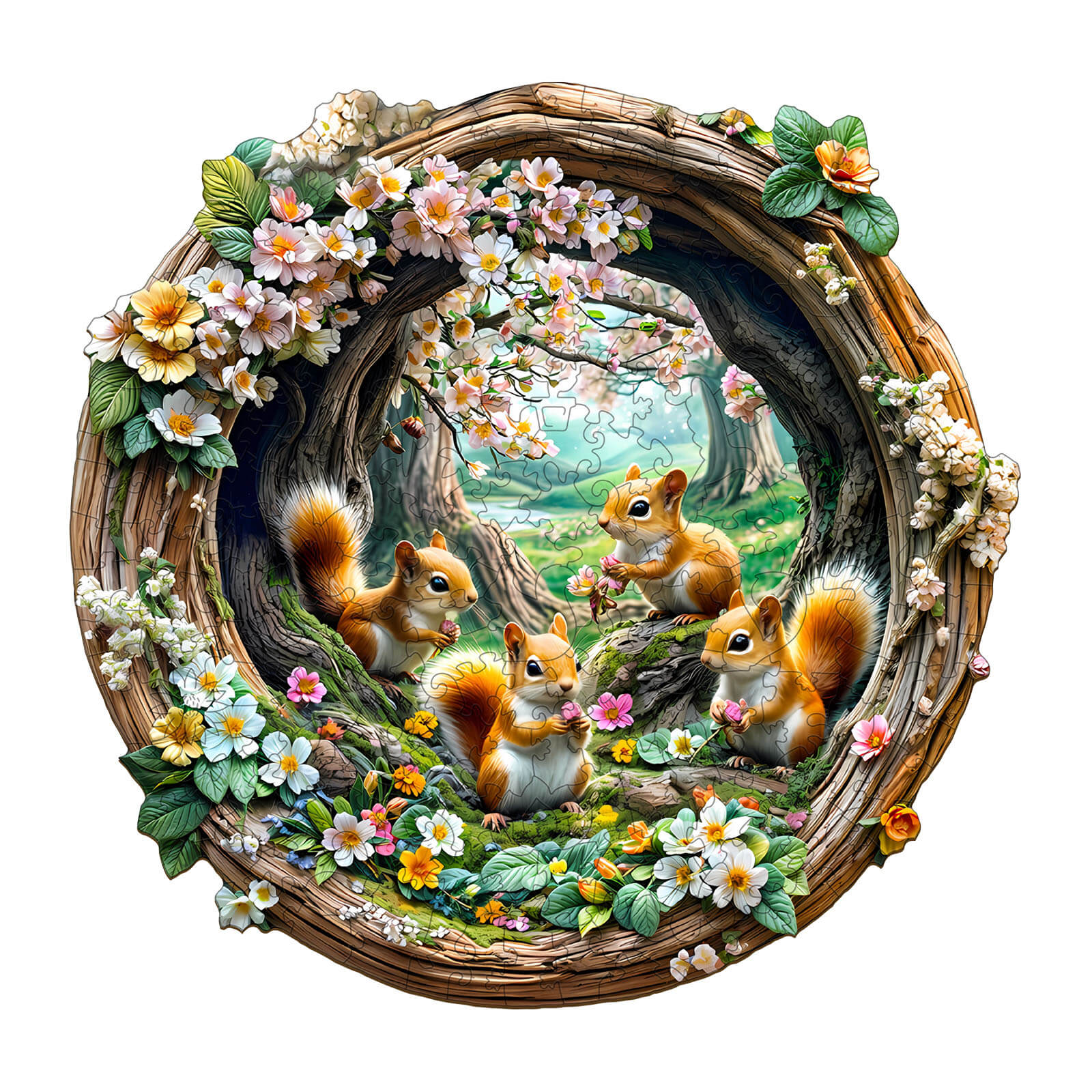 3D Spring Squirrel Wooden Jigsaw Puzzle featuring playful squirrels amidst blooming flowers in a vibrant forest setting.
